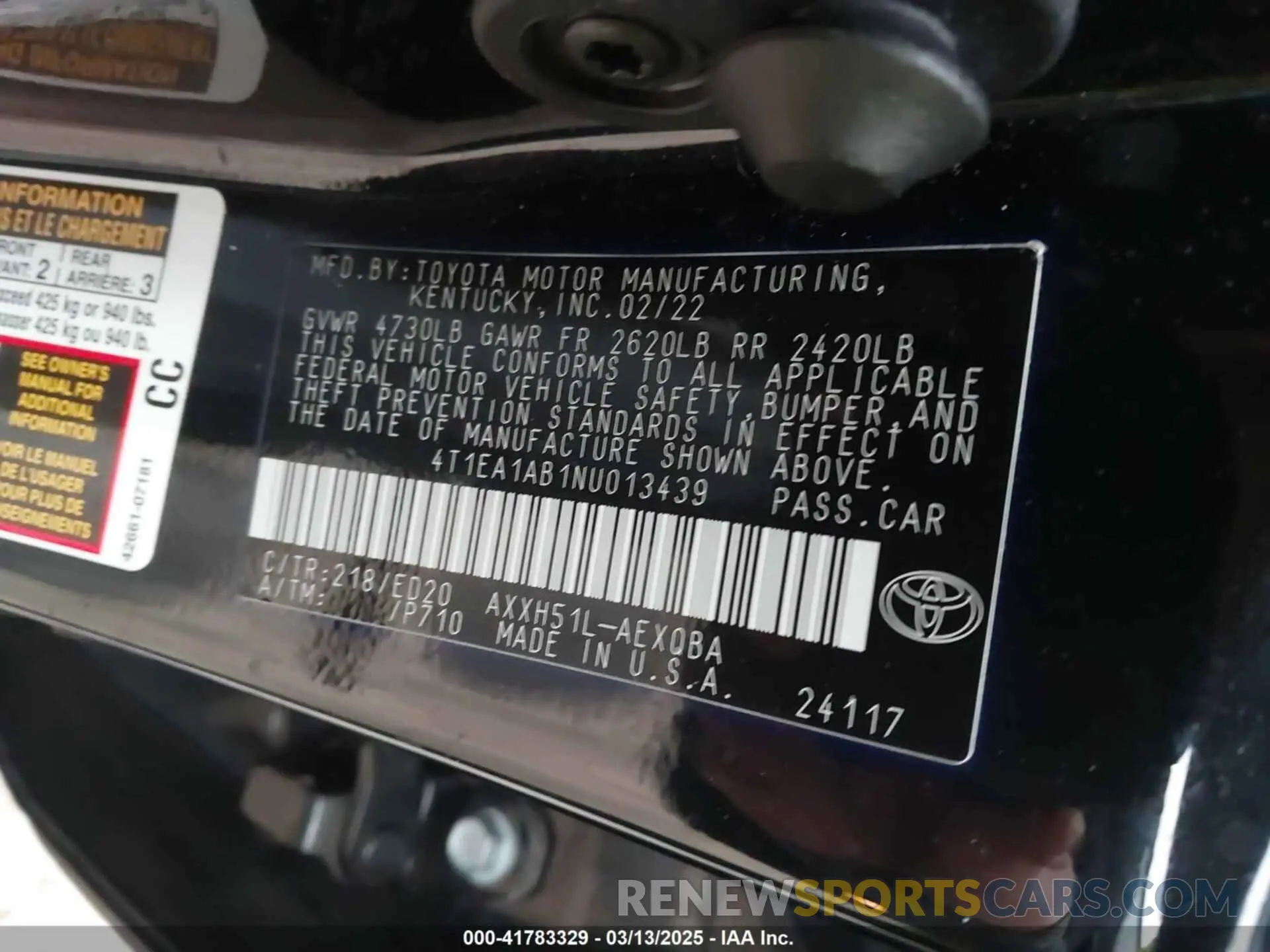 9 fotografías del automóvil dañado 4T1EA1AB1NU013439 TOYOTA AVALON 2022