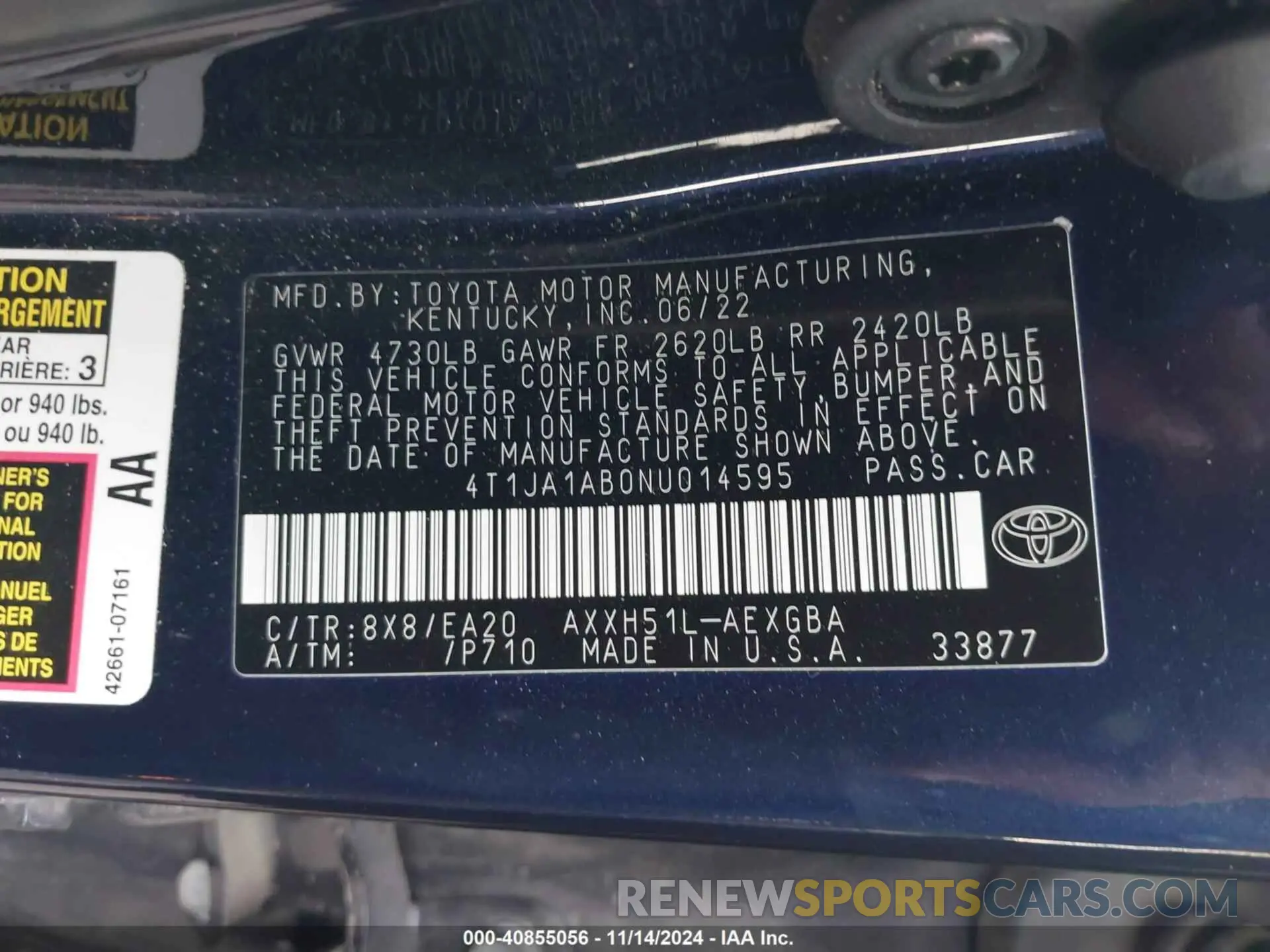9 fotografías del automóvil dañado 4T1JA1AB0NU014595 TOYOTA AVALON 2022