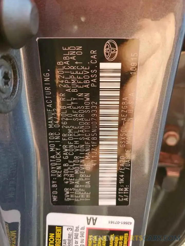 12 fotografías del automóvil dañado 4T1JZ1FB5NU079332 TOYOTA AVALON 2022