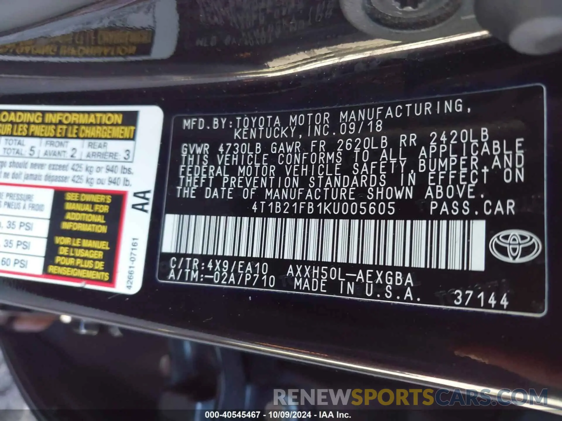9 fotografías del automóvil dañado 4T1B21FB1KU005605 TOYOTA AVALON HYBRID 2019