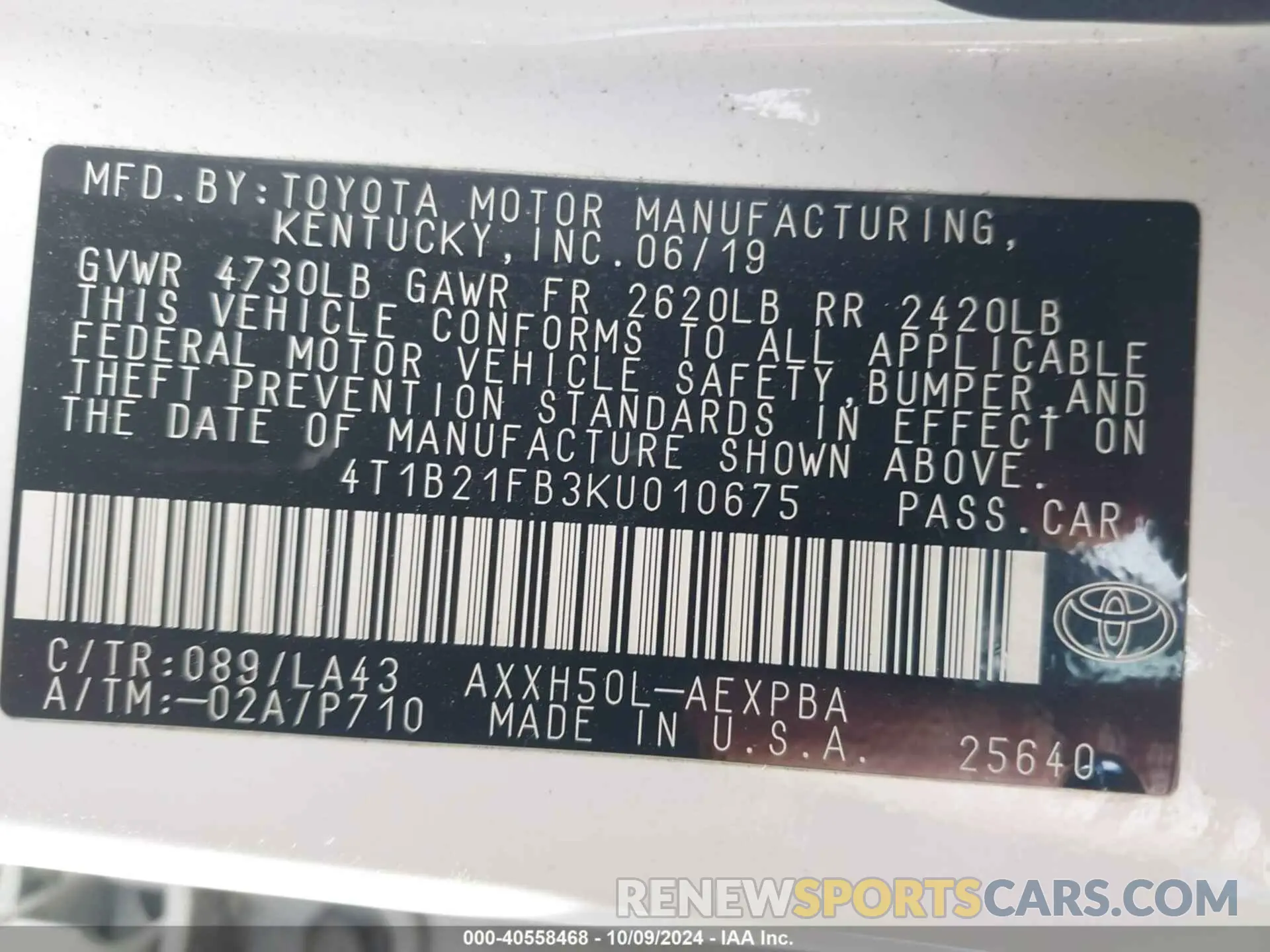 9 fotografías del automóvil dañado 4T1B21FB3KU010675 TOYOTA AVALON HYBRID 2019