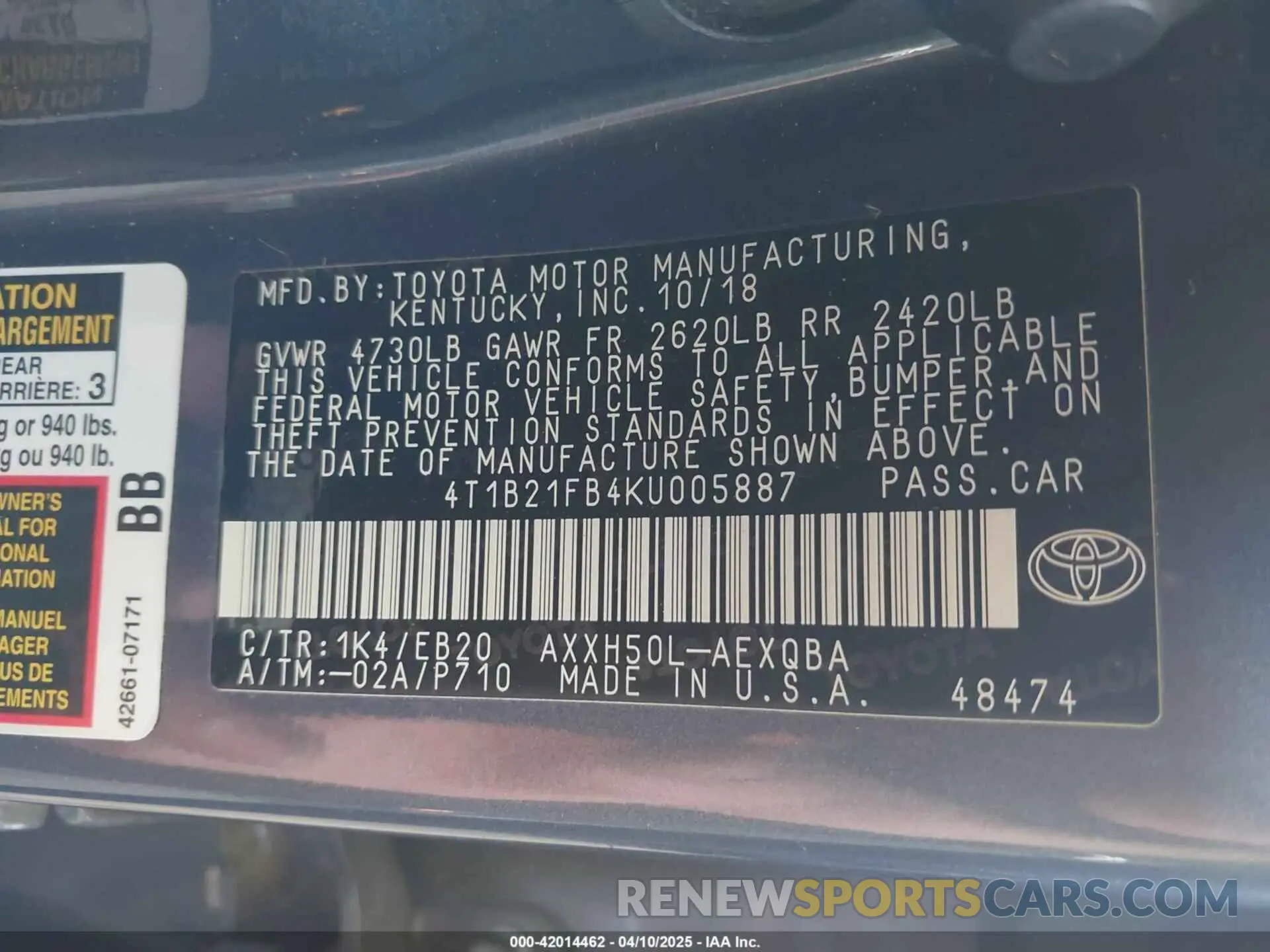 9 fotografías del automóvil dañado 4T1B21FB4KU005887 TOYOTA AVALON HYBRID 2019
