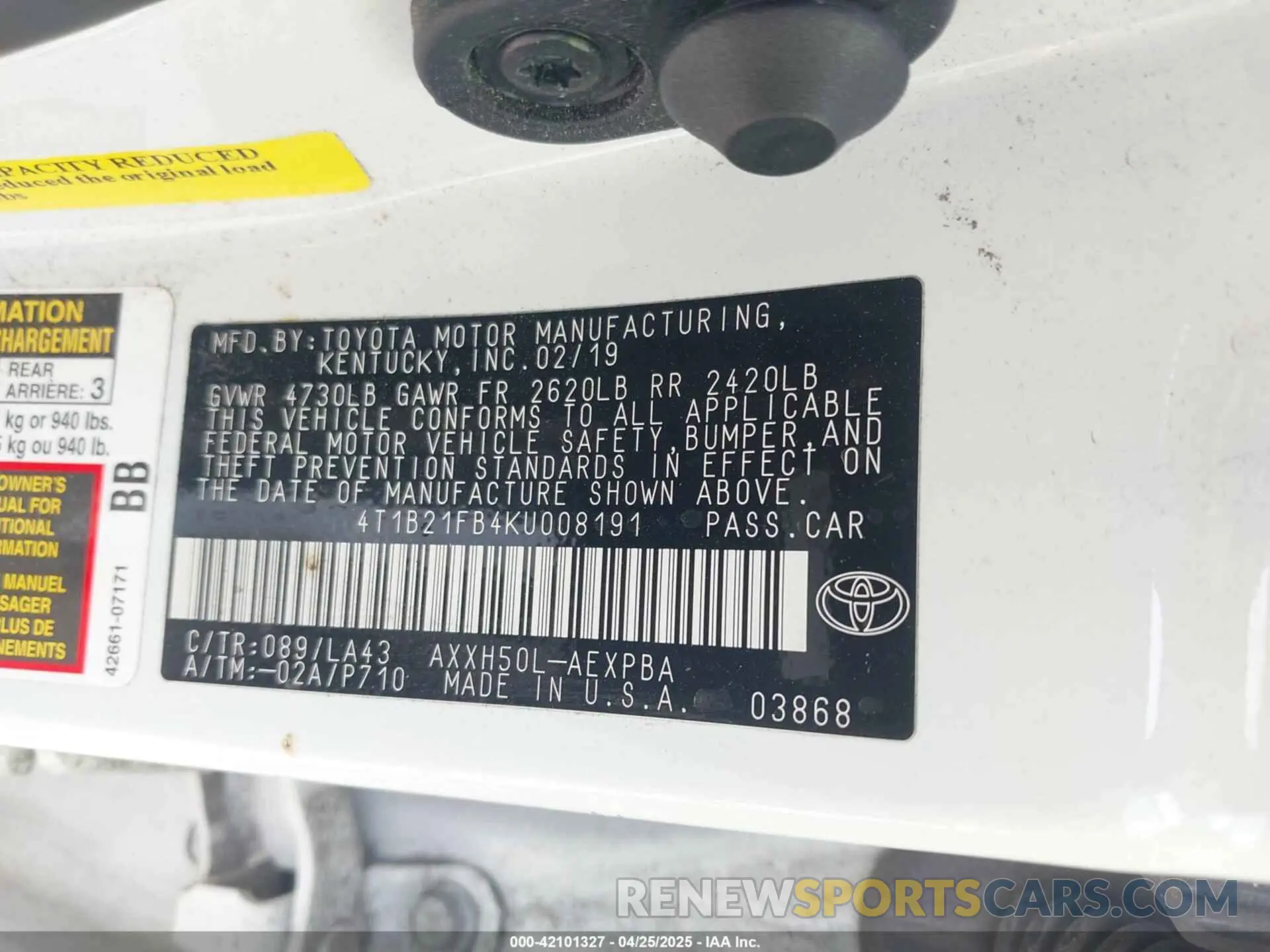 9 fotografías del automóvil dañado 4T1B21FB4KU008191 TOYOTA AVALON HYBRID 2019