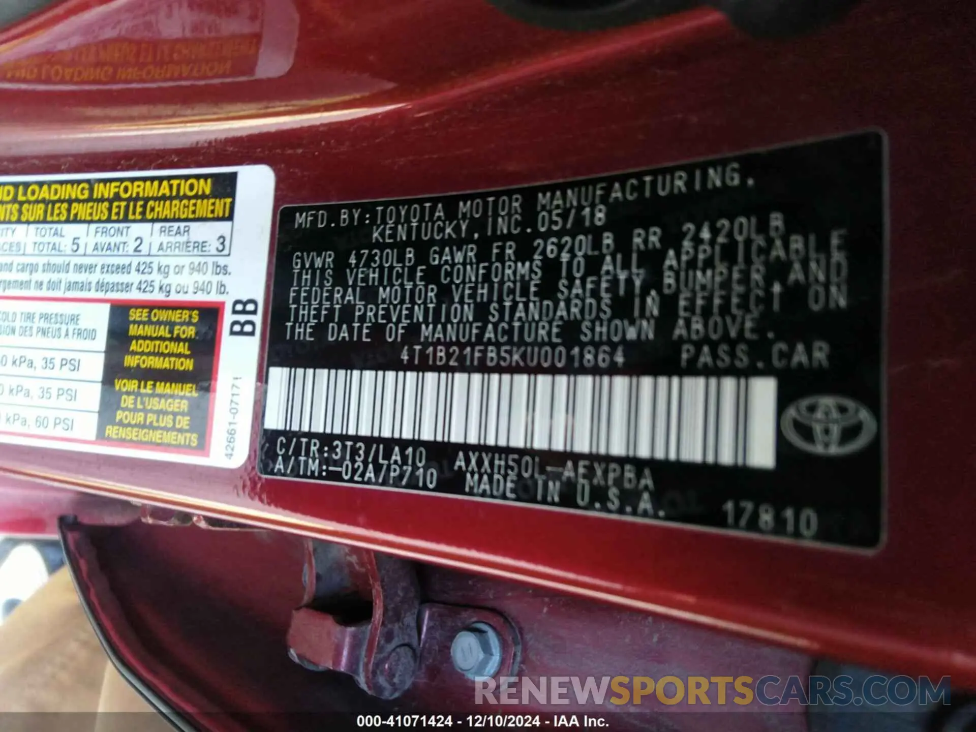 9 fotografías del automóvil dañado 4T1B21FB5KU001864 TOYOTA AVALON HYBRID 2019