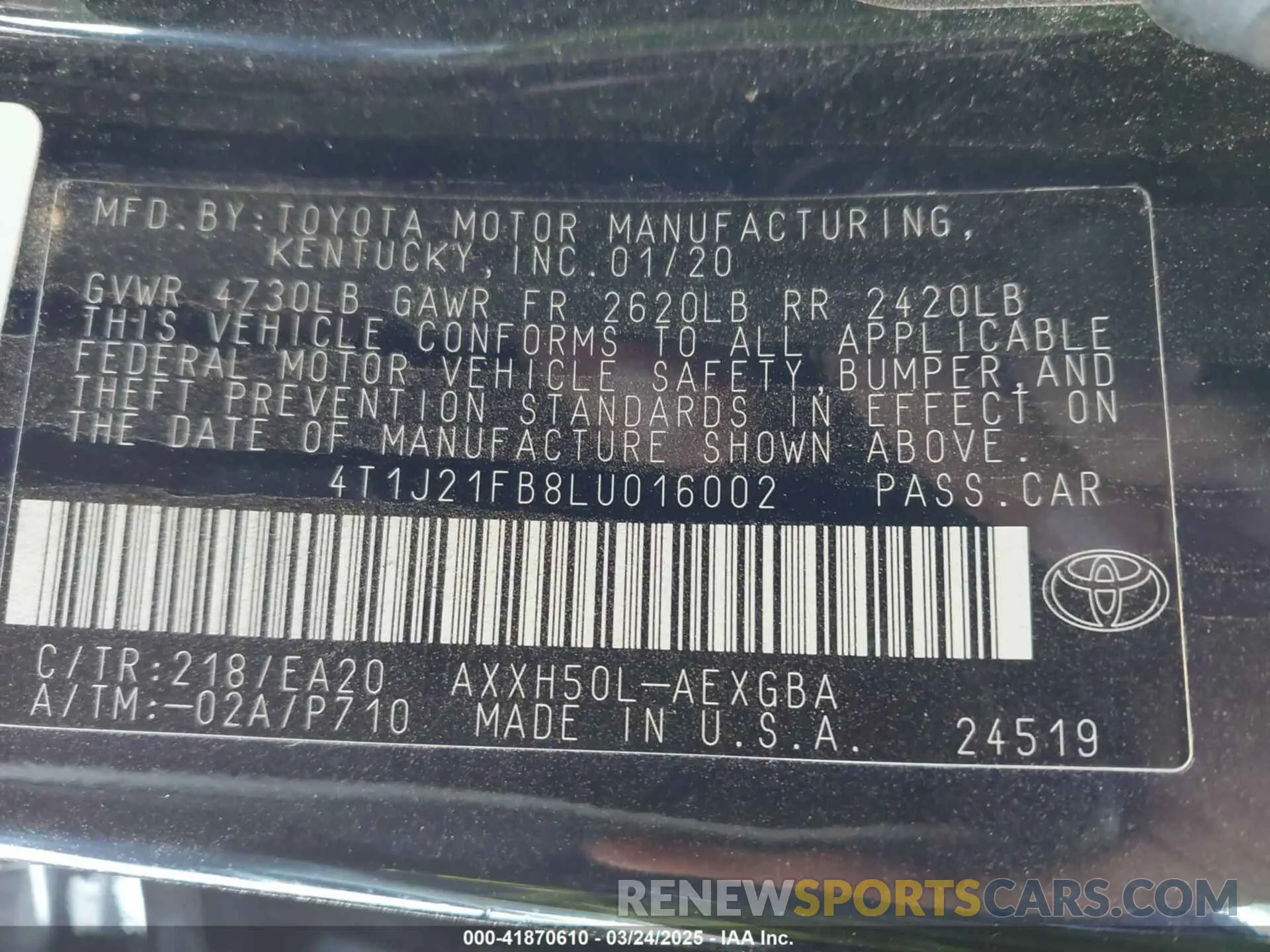 9 fotografías del automóvil dañado 4T1J21FB8LU016002 TOYOTA AVALON HYBRID 2020