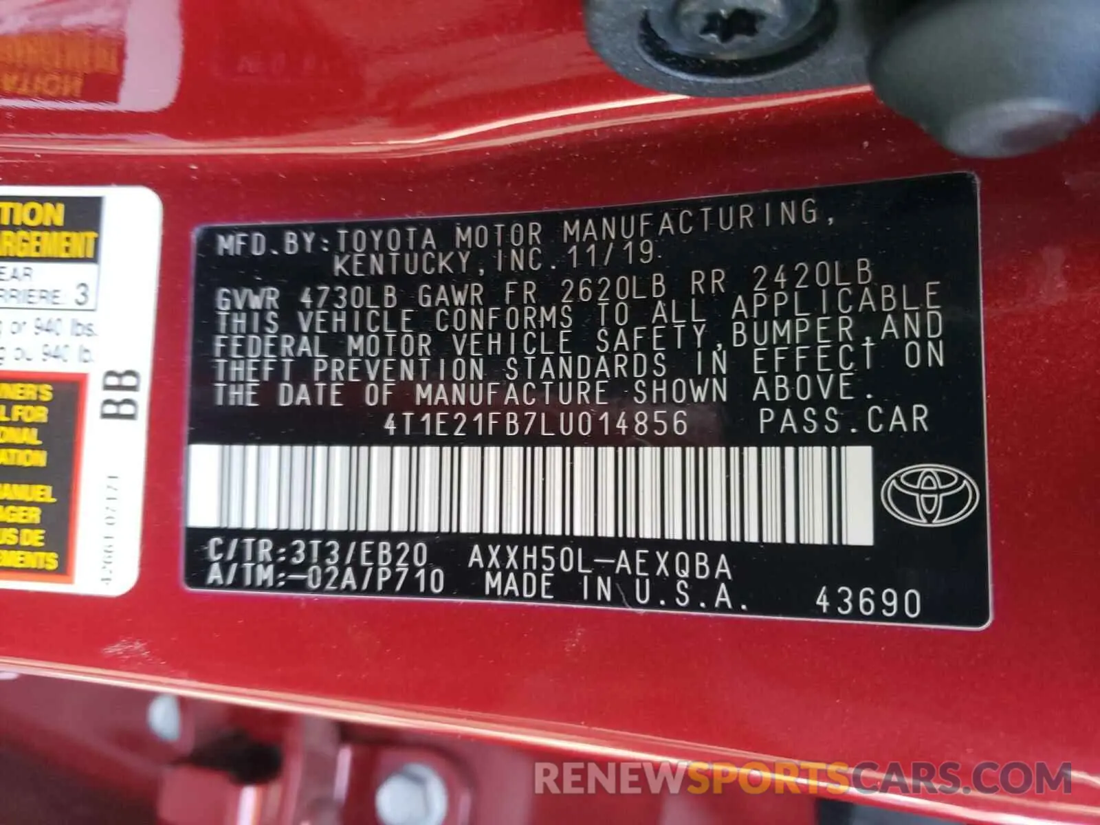 10 fotografías del automóvil dañado 4T1E21FB7LU014856 TOYOTA AVALON XSE 2020
