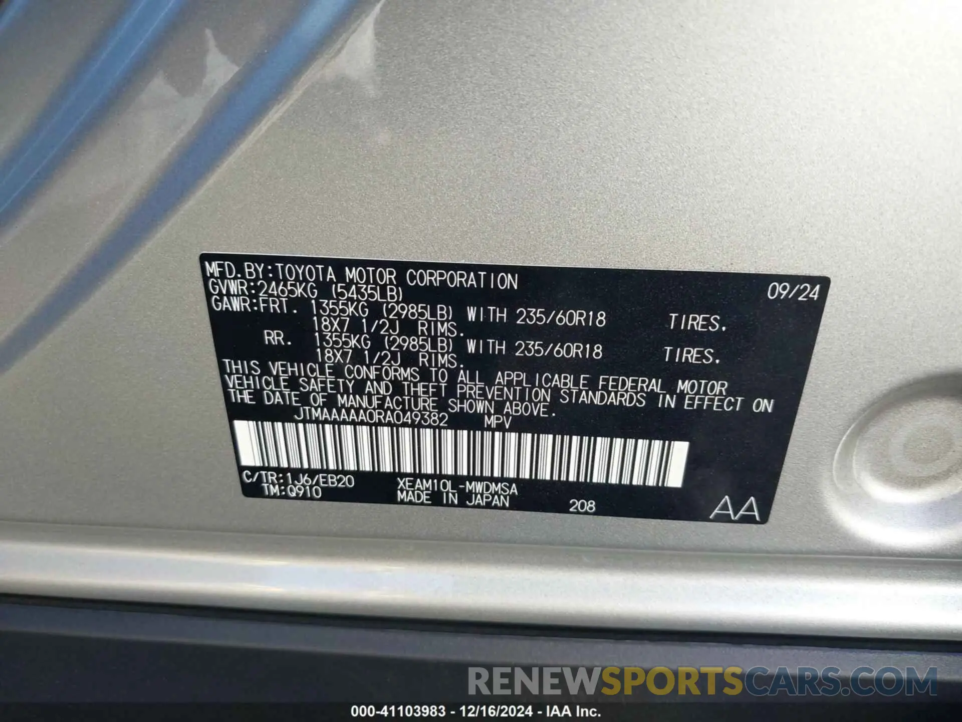 9 fotografías del automóvil dañado JTMAAAAA0RA049382 TOYOTA BZ4X 2024