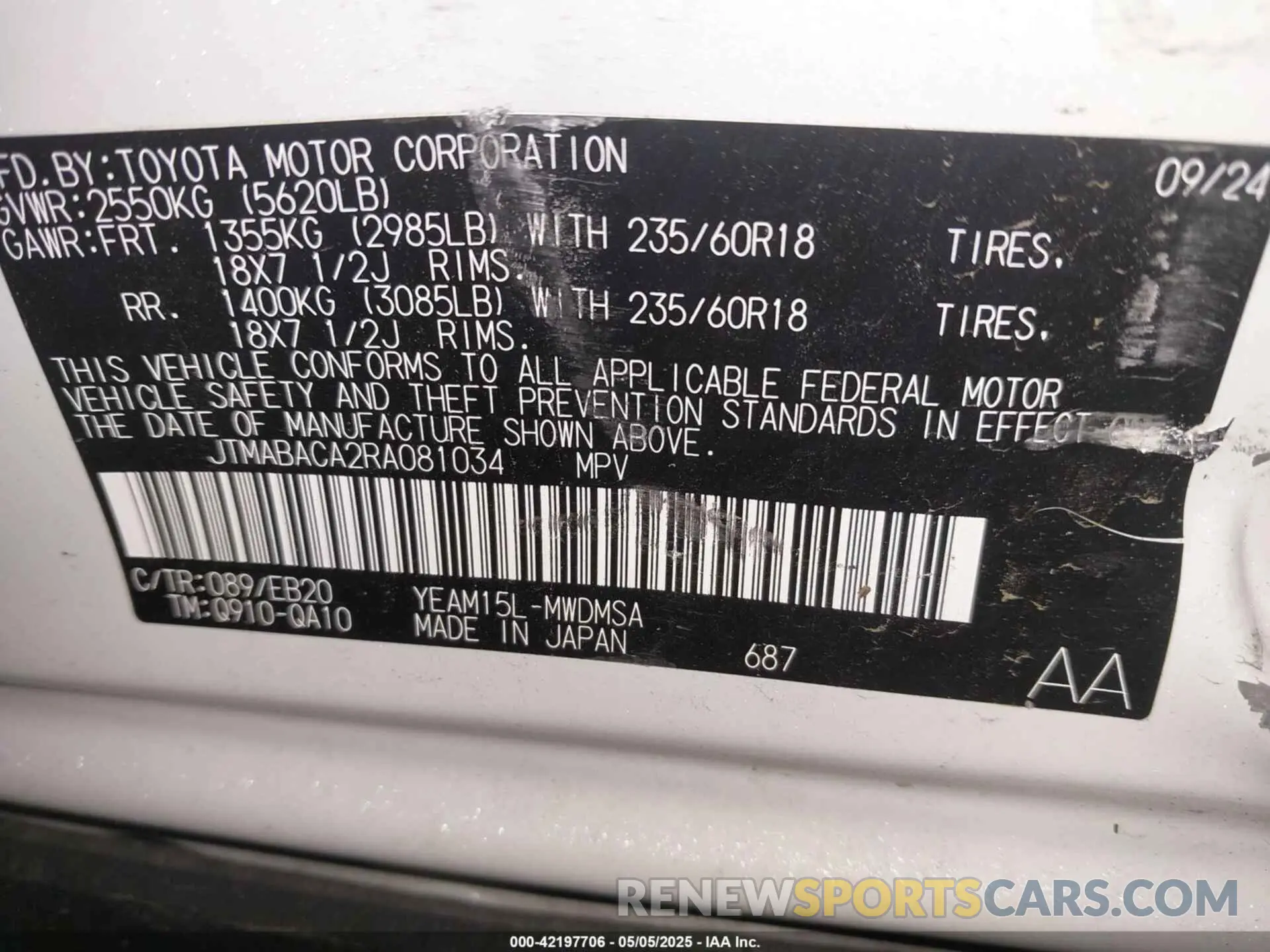 9 fotografías del automóvil dañado JTMABACA2RA081034 TOYOTA BZ4X 2024
