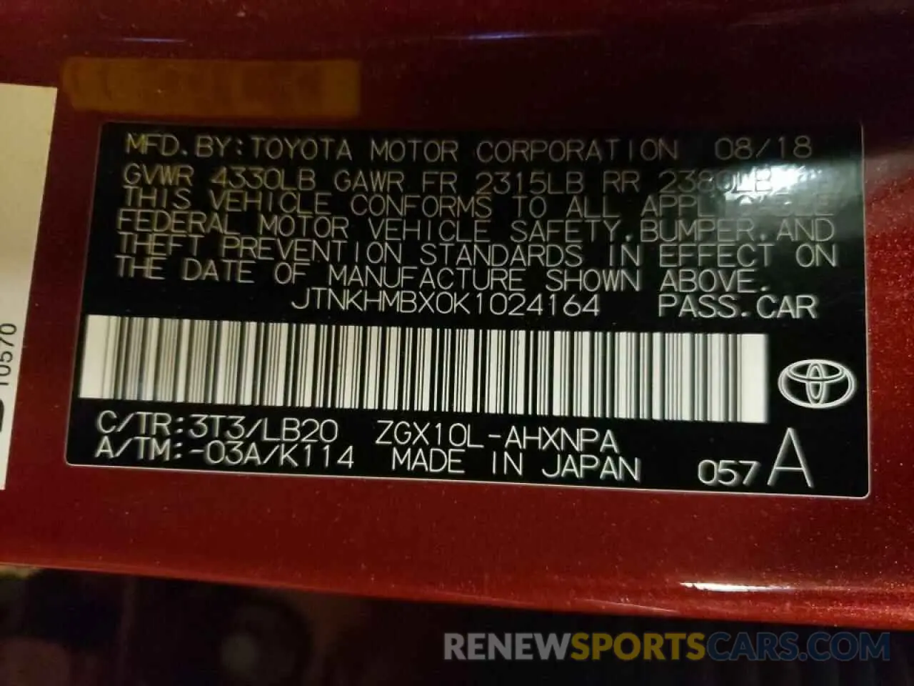 10 fotografías del automóvil dañado JTNKHMBX0K1024164 TOYOTA C-HR 2019