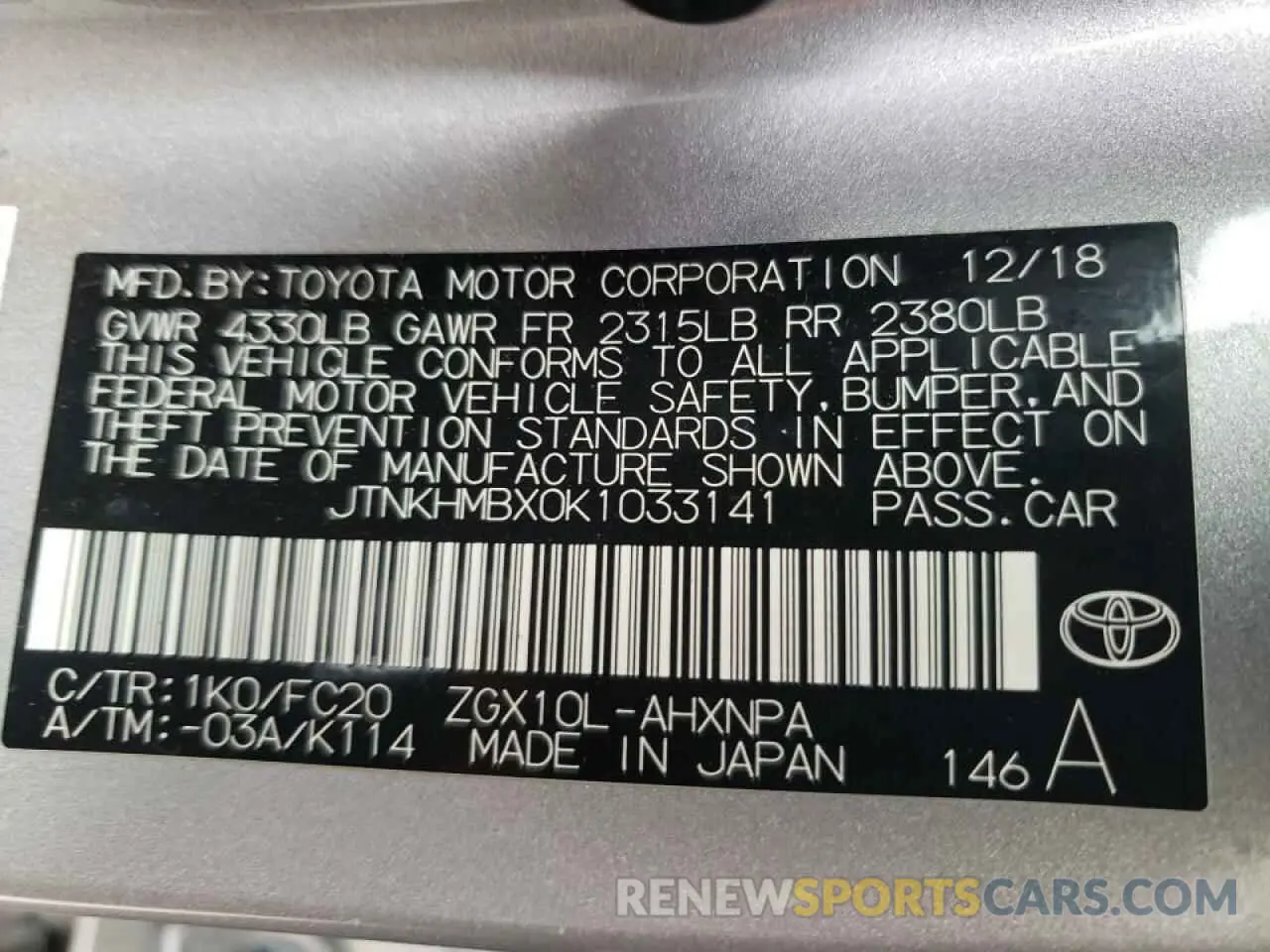 10 fotografías del automóvil dañado JTNKHMBX0K1033141 TOYOTA C-HR 2019