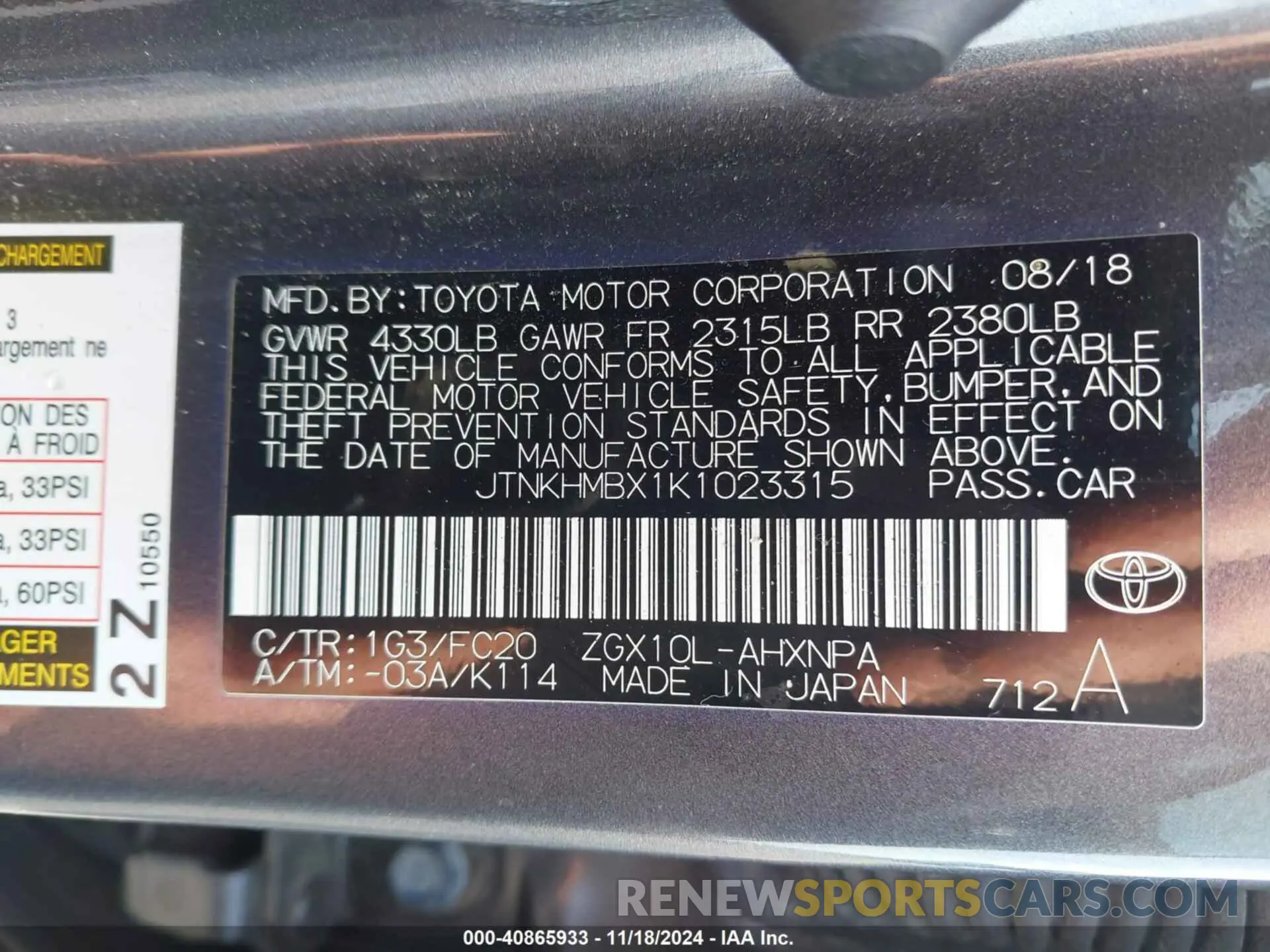 9 fotografías del automóvil dañado JTNKHMBX1K1023315 TOYOTA C-HR 2019