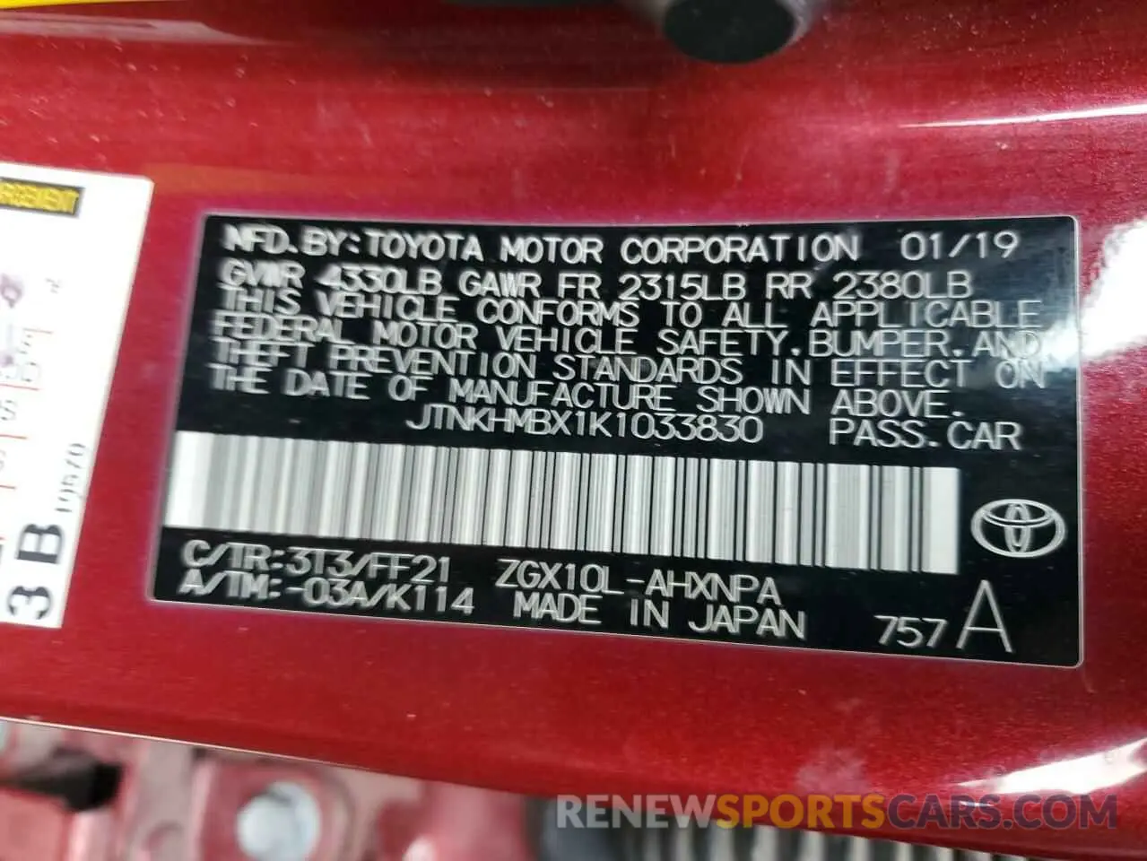 12 fotografías del automóvil dañado JTNKHMBX1K1033830 TOYOTA C-HR 2019