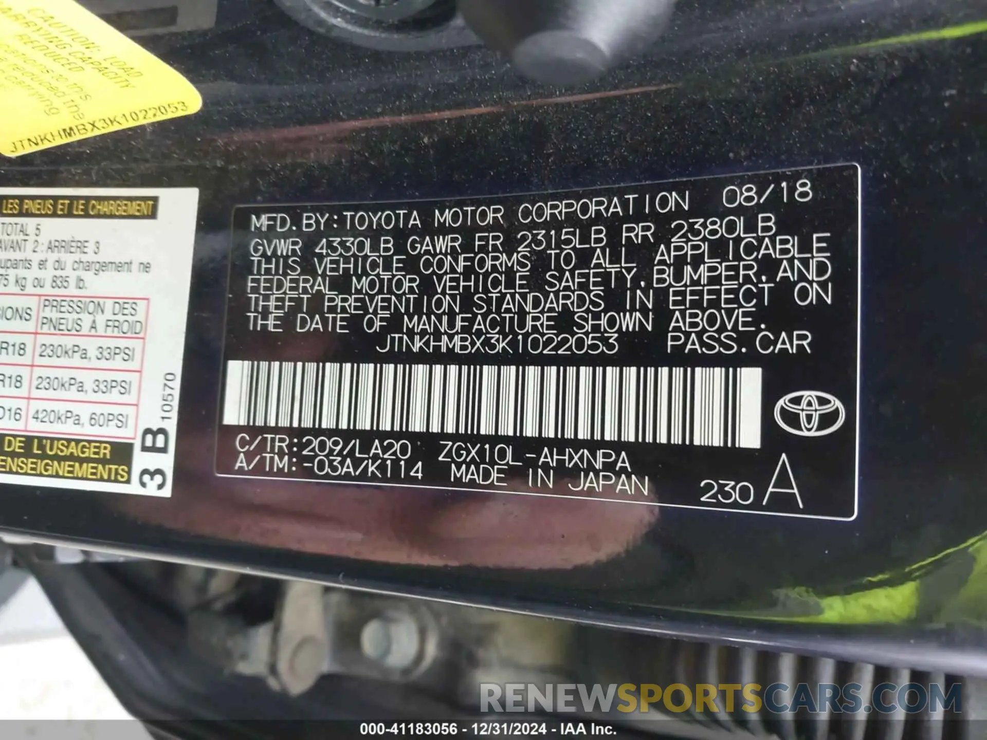 9 fotografías del automóvil dañado JTNKHMBX3K1022053 TOYOTA C-HR 2019