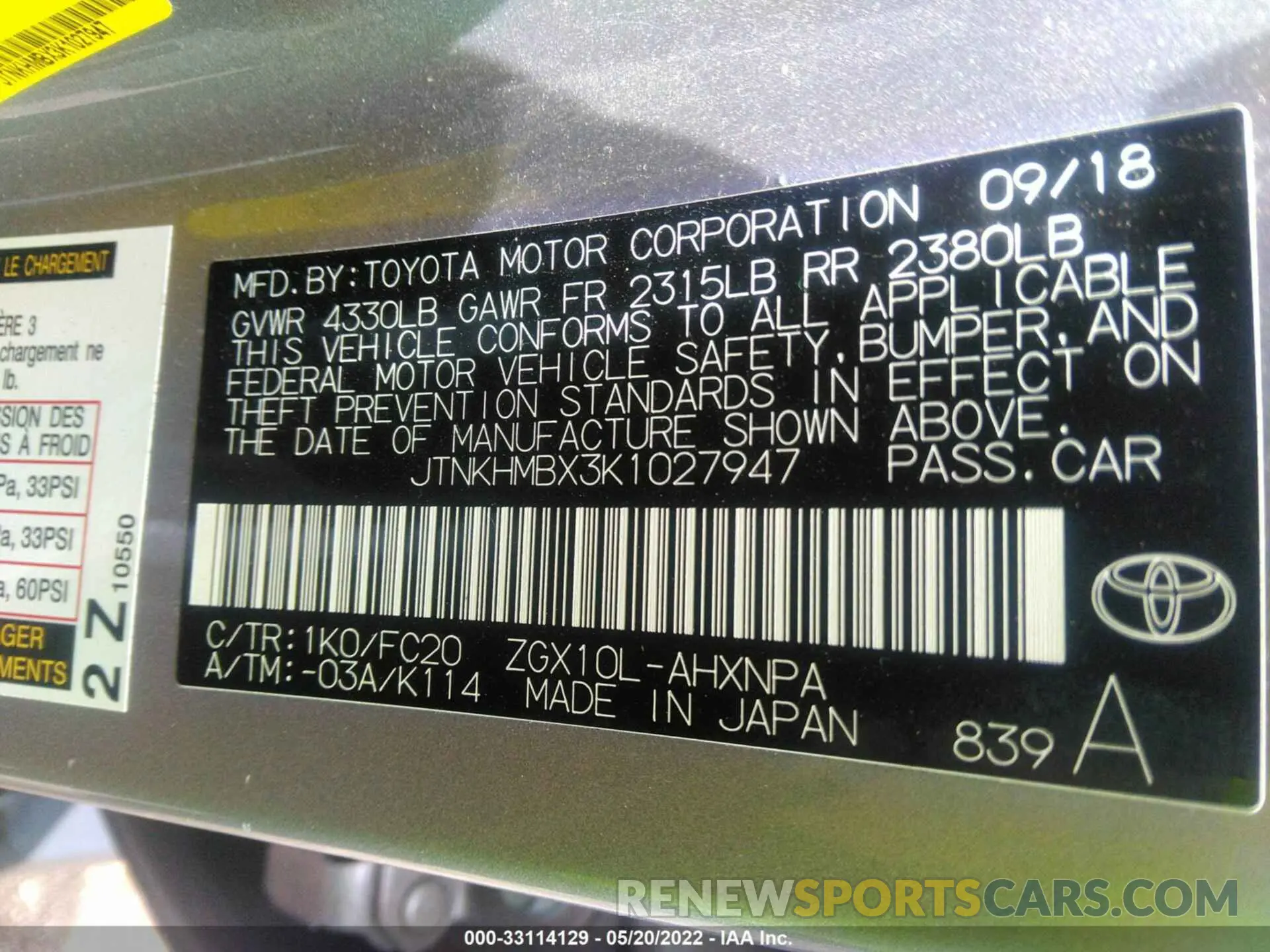 9 fotografías del automóvil dañado JTNKHMBX3K1027947 TOYOTA C-HR 2019