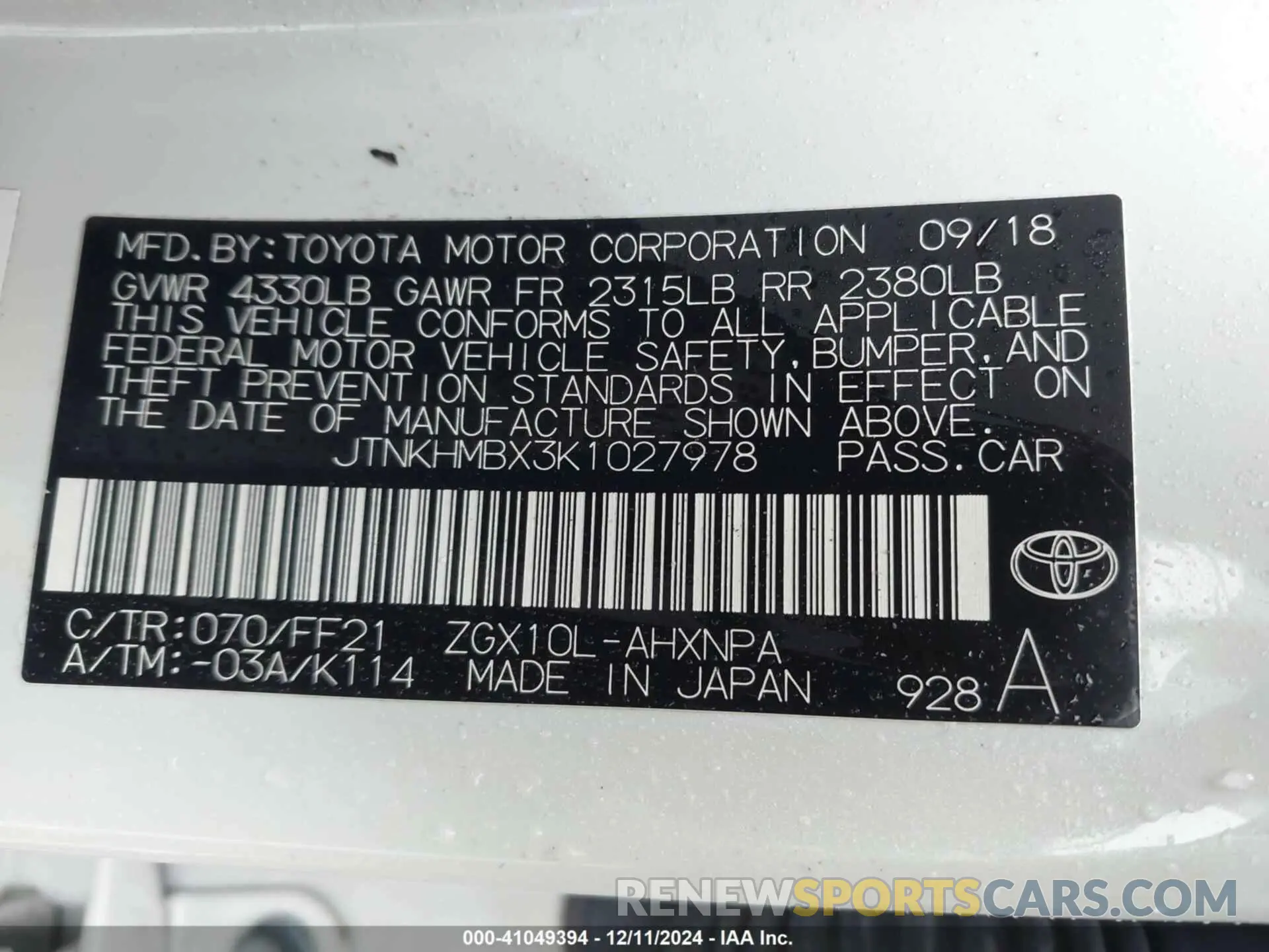 9 fotografías del automóvil dañado JTNKHMBX3K1027978 TOYOTA C-HR 2019