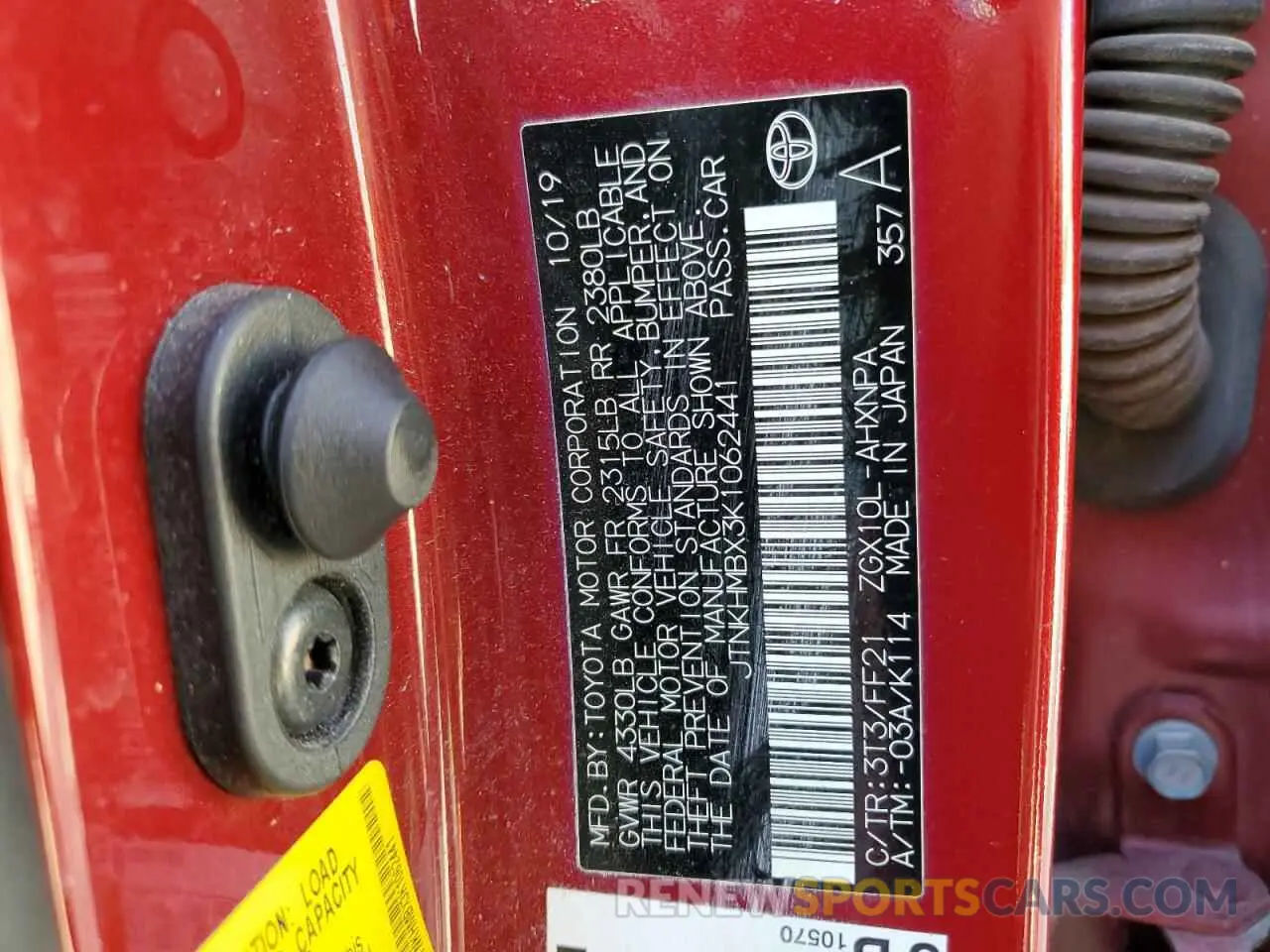 14 fotografías del automóvil dañado JTNKHMBX3K1062441 TOYOTA C-HR 2019