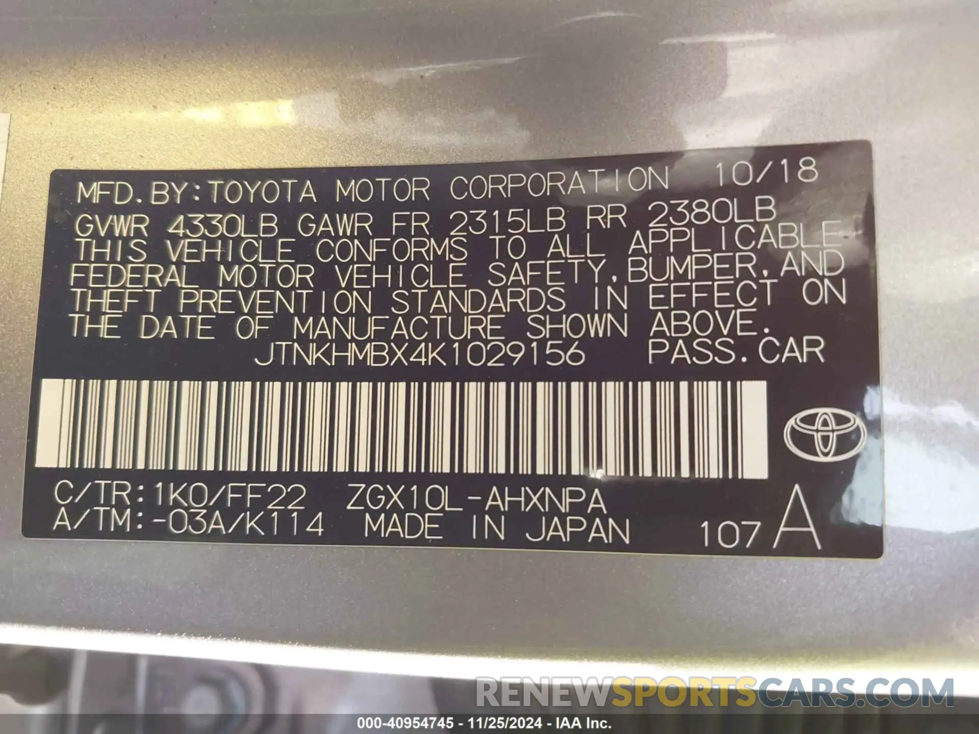9 fotografías del automóvil dañado JTNKHMBX4K1029156 TOYOTA C-HR 2019