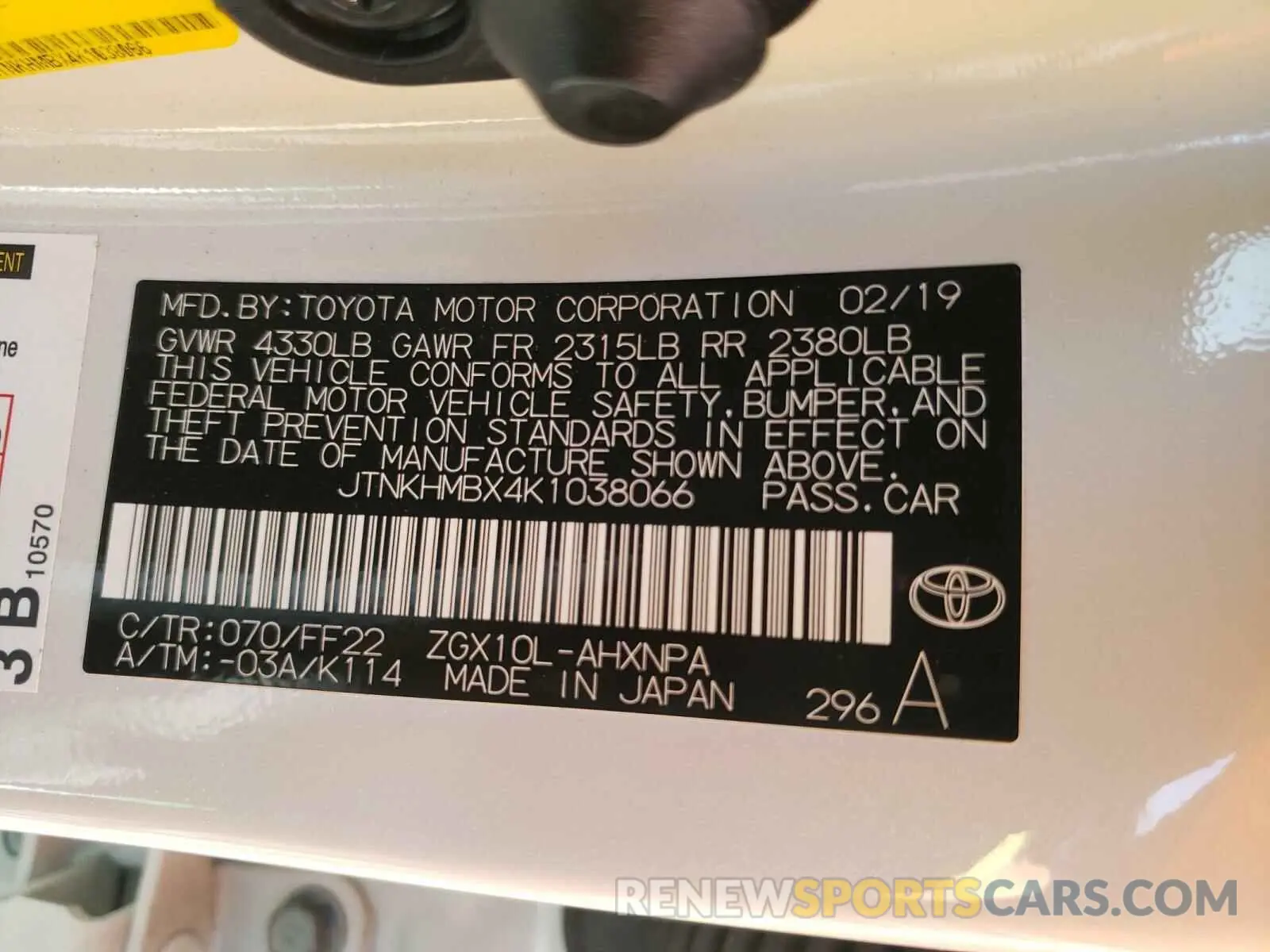 10 fotografías del automóvil dañado JTNKHMBX4K1038066 TOYOTA C-HR 2019