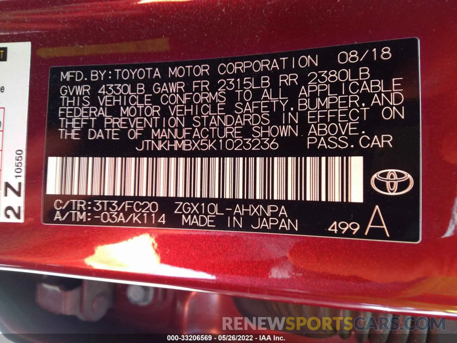 9 fotografías del automóvil dañado JTNKHMBX5K1023236 TOYOTA C-HR 2019