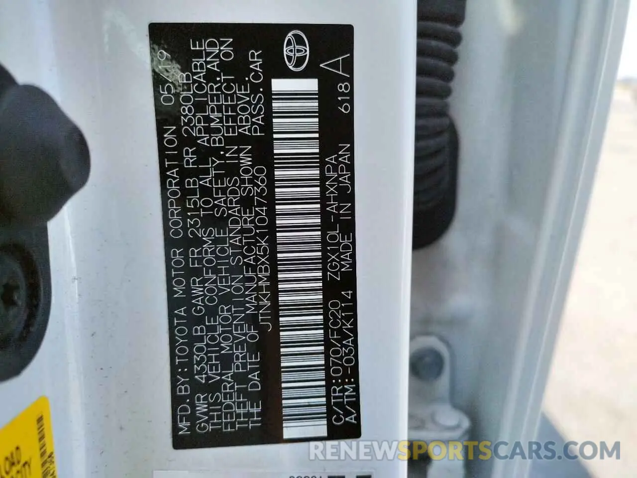 10 fotografías del automóvil dañado JTNKHMBX5K1047360 TOYOTA C-HR 2019