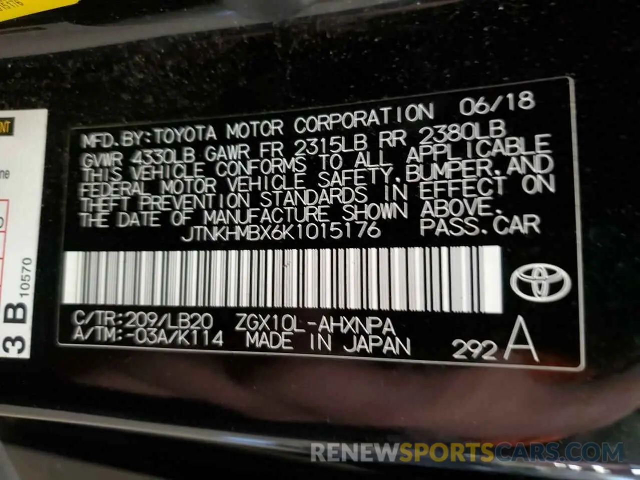 14 fotografías del automóvil dañado JTNKHMBX6K1015176 TOYOTA C-HR 2019