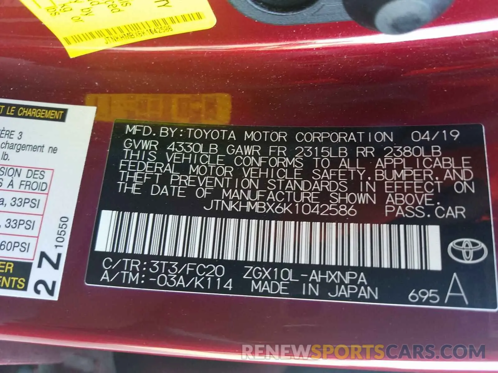 10 fotografías del automóvil dañado JTNKHMBX6K1042586 TOYOTA C-HR 2019