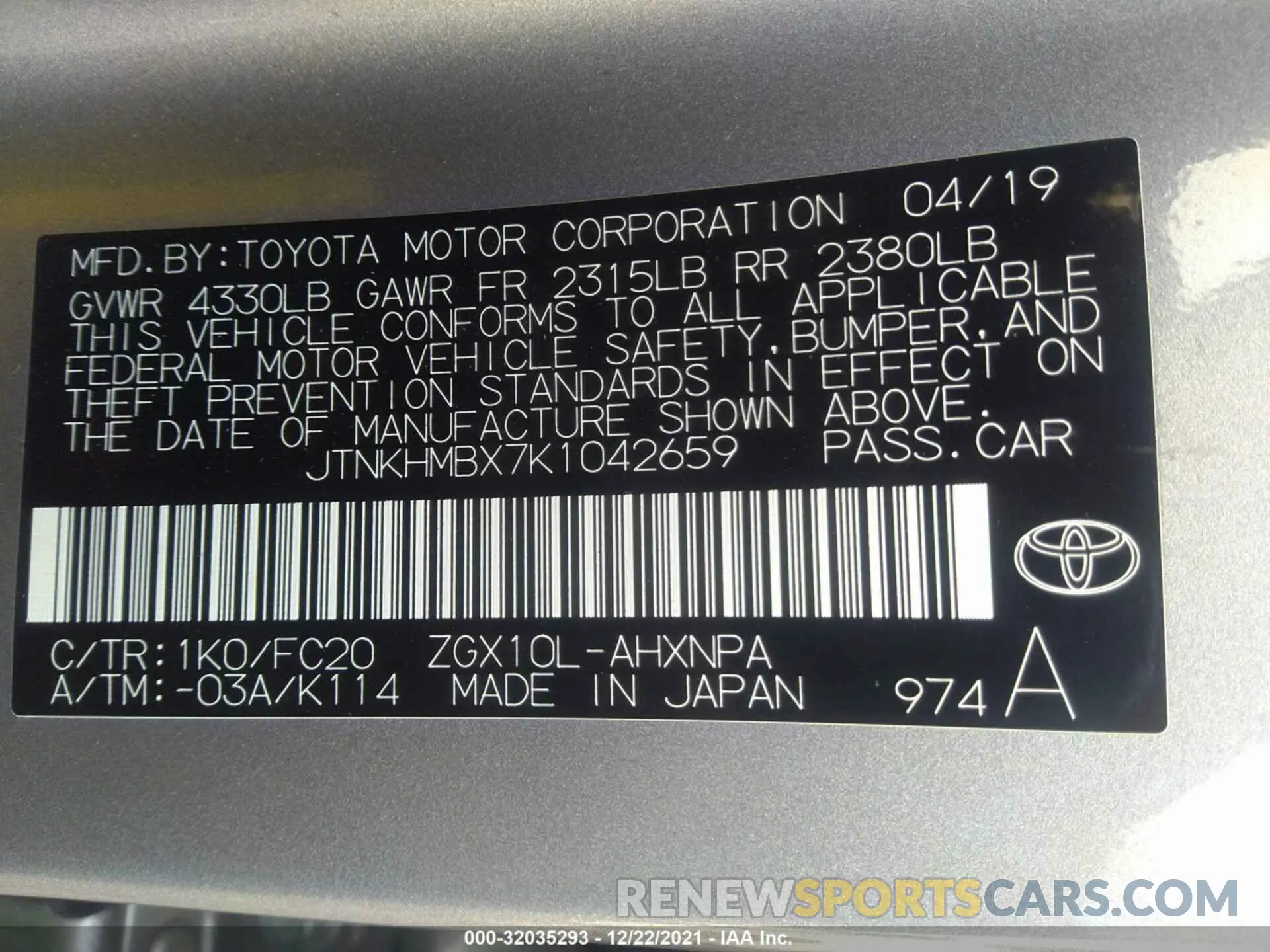 9 fotografías del automóvil dañado JTNKHMBX7K1042659 TOYOTA C-HR 2019
