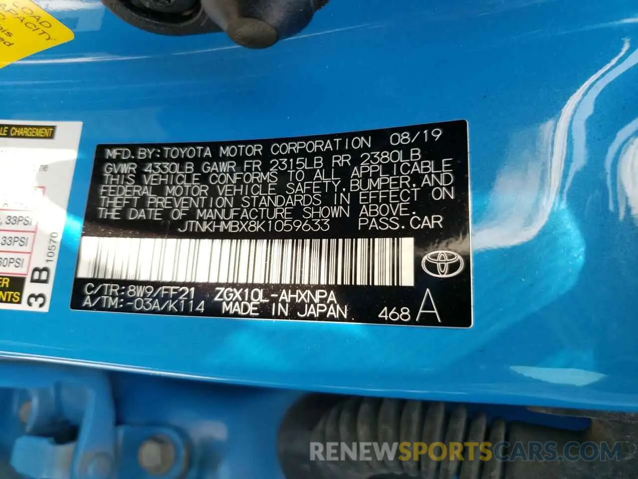 10 fotografías del automóvil dañado JTNKHMBX8K1059633 TOYOTA C-HR 2019