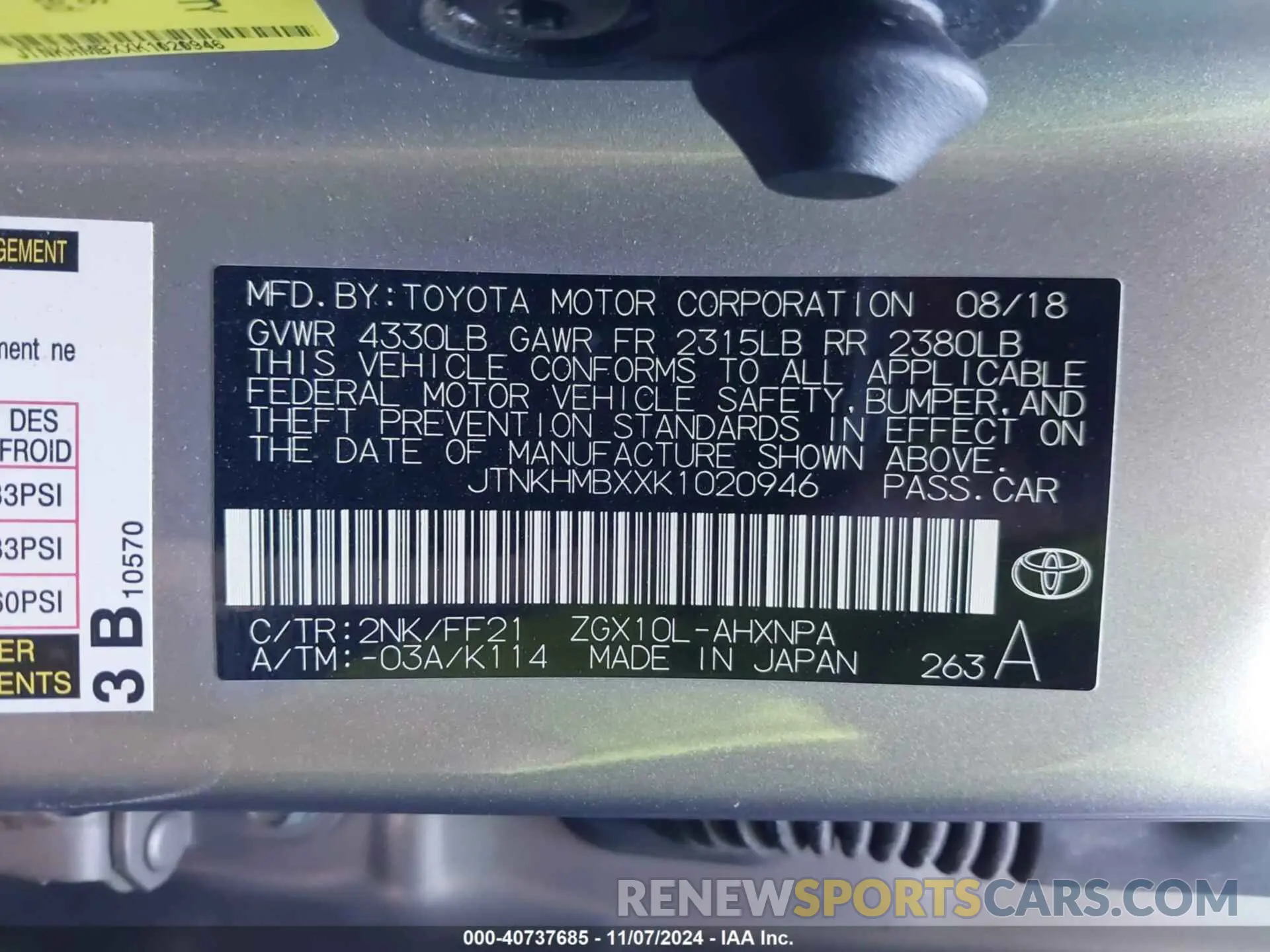 9 fotografías del automóvil dañado JTNKHMBXXK1020946 TOYOTA C-HR 2019