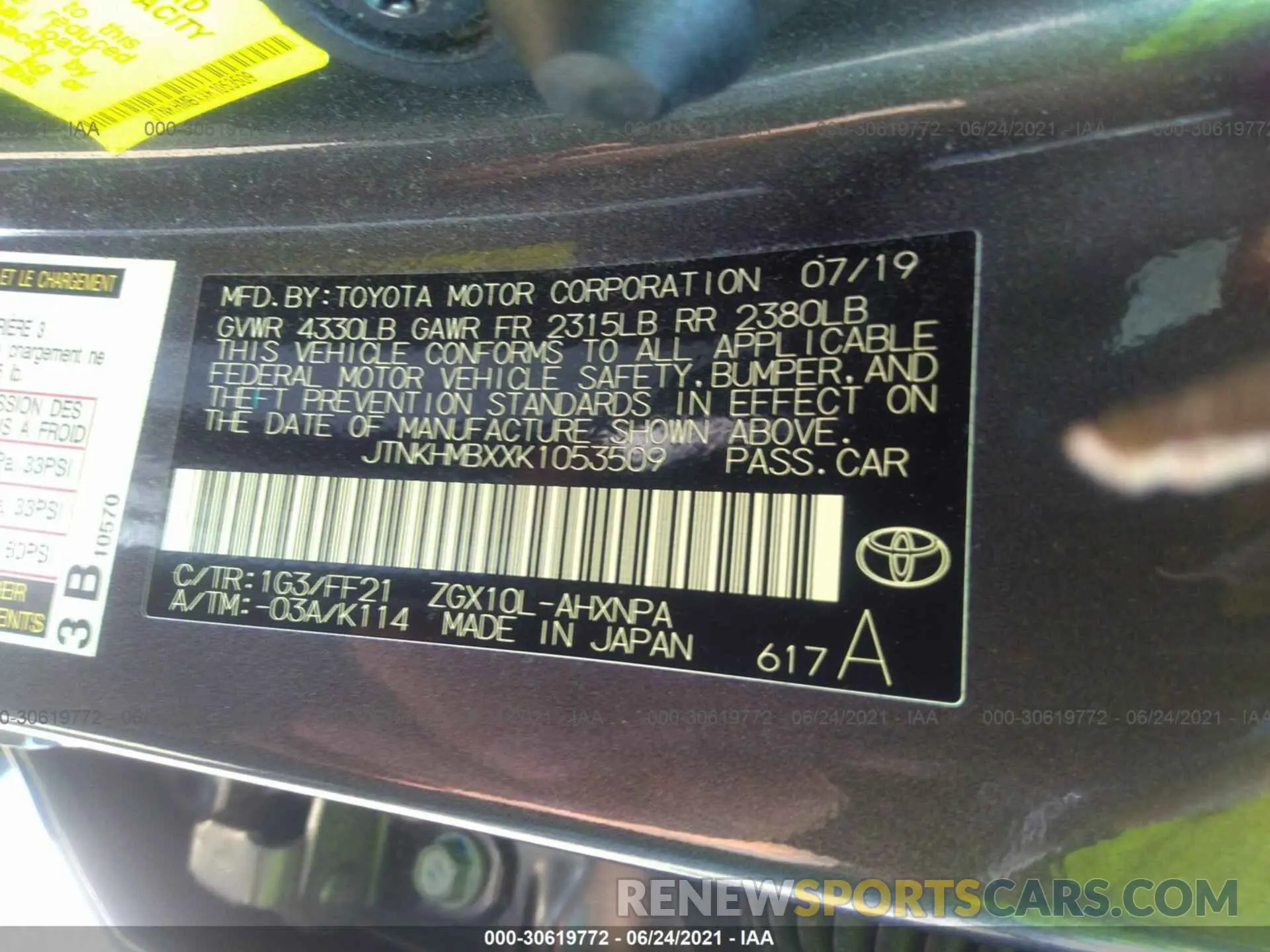 9 fotografías del automóvil dañado JTNKHMBXXK1053509 TOYOTA C-HR 2019