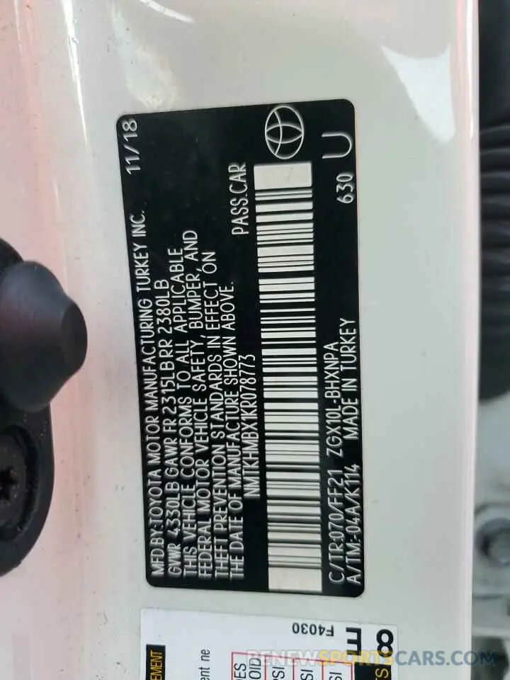 14 fotografías del automóvil dañado NMTKHMBX1KR078773 TOYOTA C-HR 2019