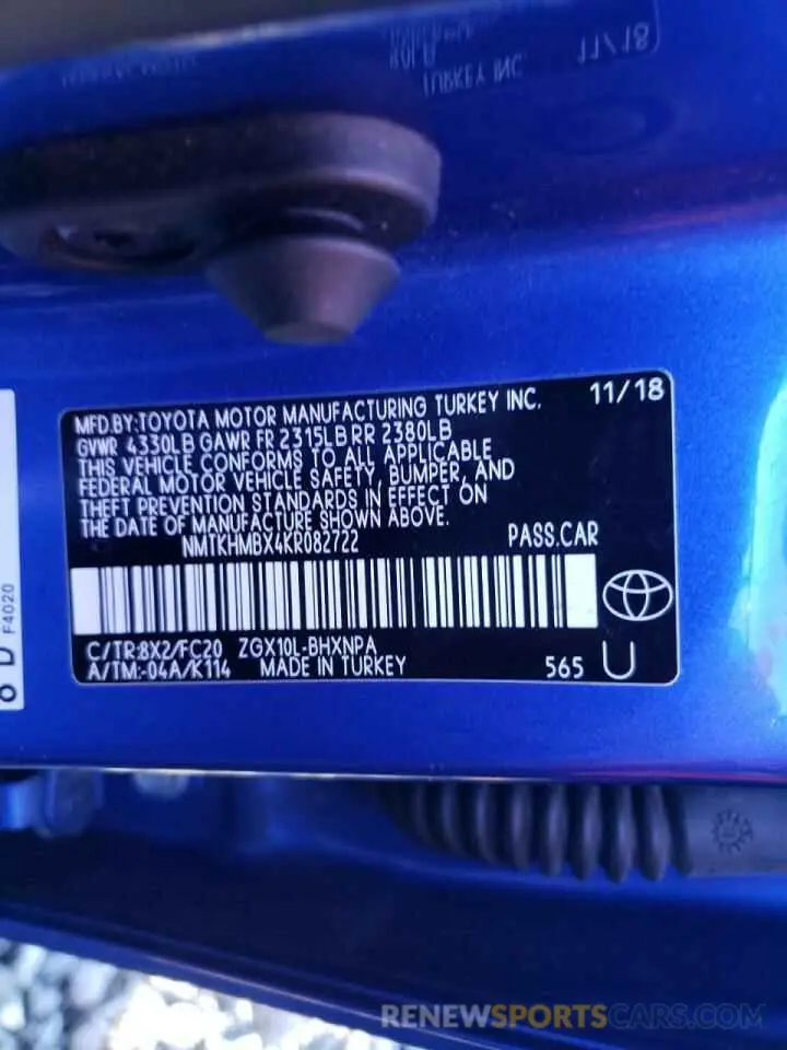 10 fotografías del automóvil dañado NMTKHMBX4KR082722 TOYOTA C-HR 2019