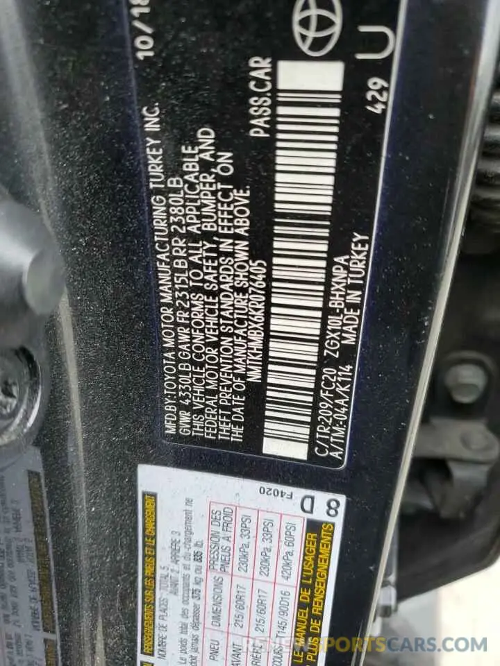 12 fotografías del automóvil dañado NMTKHMBX6KR076405 TOYOTA C-HR 2019