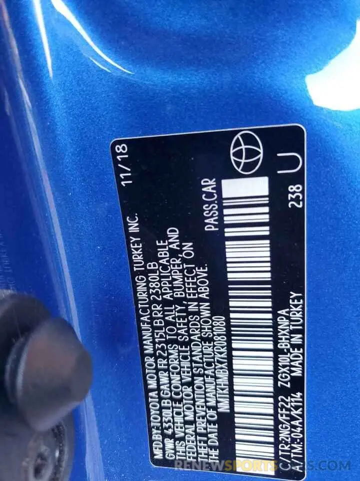 14 fotografías del automóvil dañado NMTKHMBX7KR081080 TOYOTA C-HR 2019