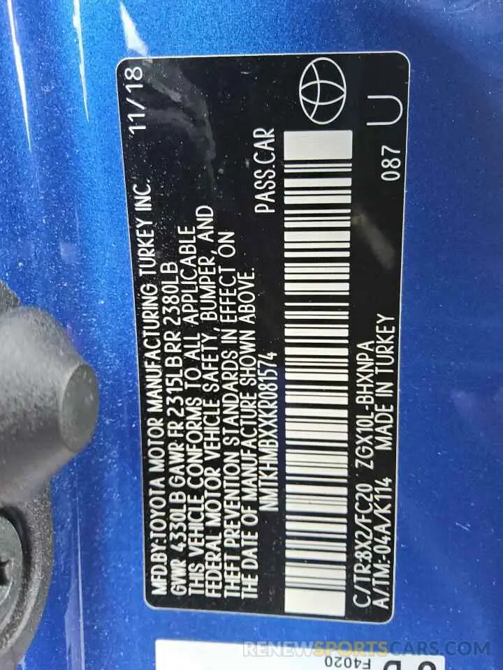 12 fotografías del automóvil dañado NMTKHMBXXKR081574 TOYOTA C-HR 2019