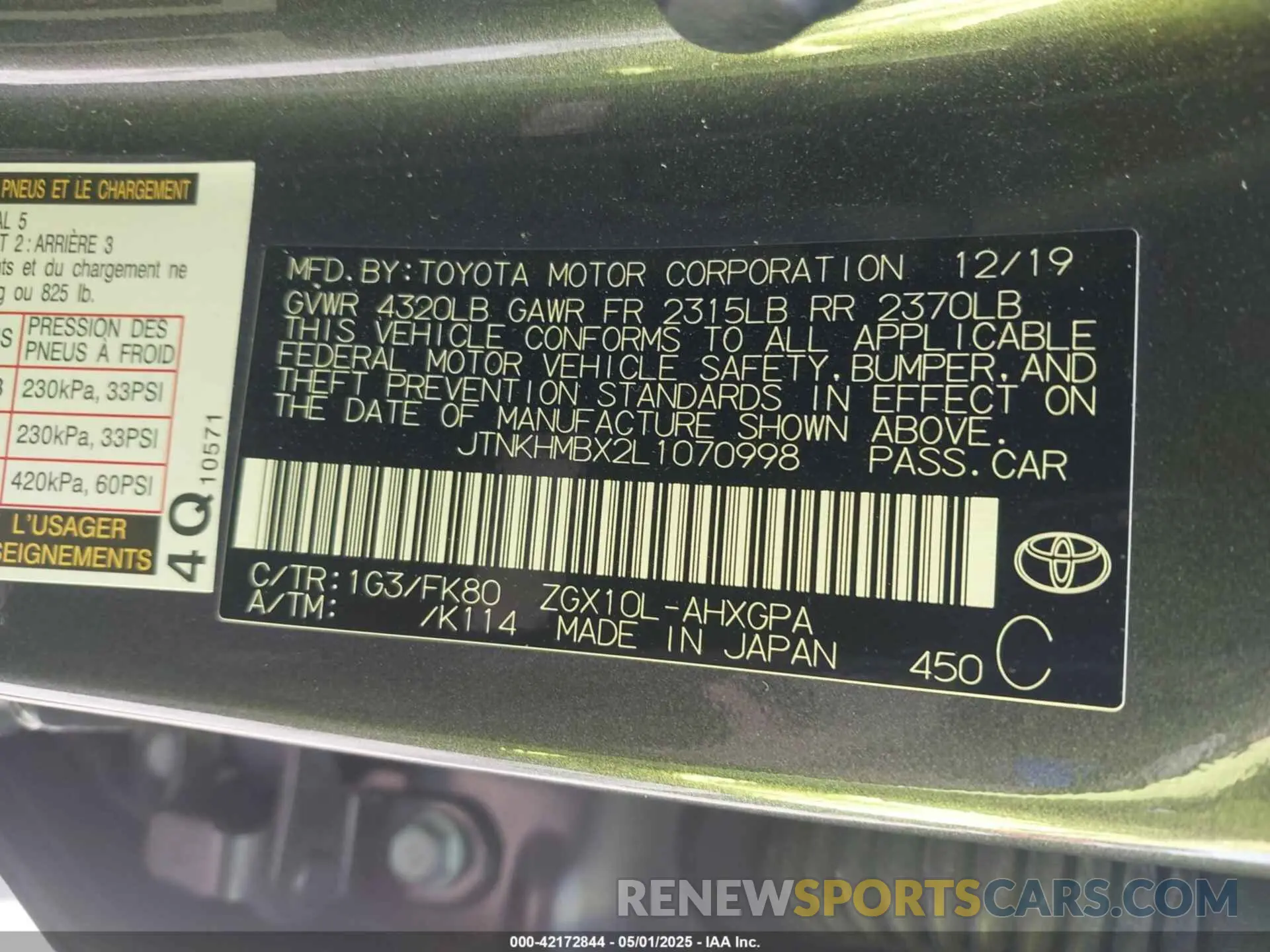 9 fotografías del automóvil dañado JTNKHMBX2L1070998 TOYOTA C-HR 2020
