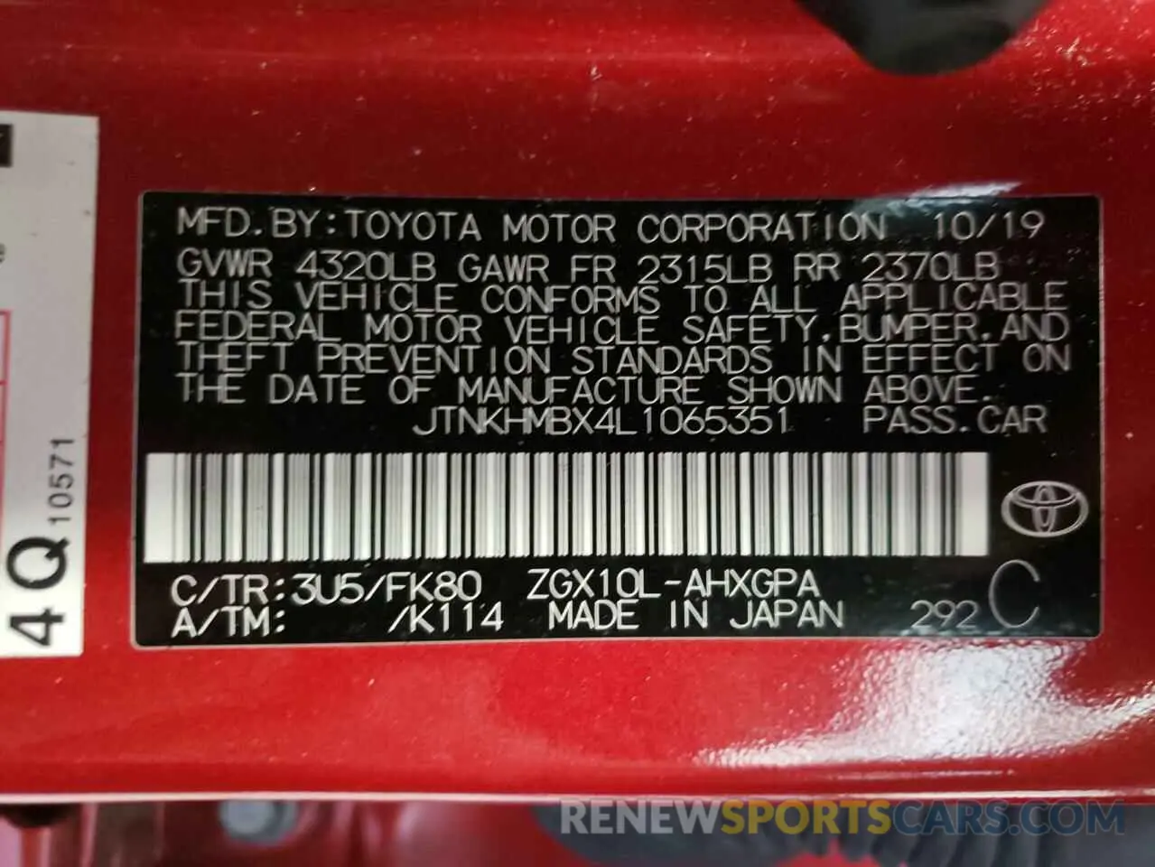 10 fotografías del automóvil dañado JTNKHMBX4L1065351 TOYOTA C-HR 2020