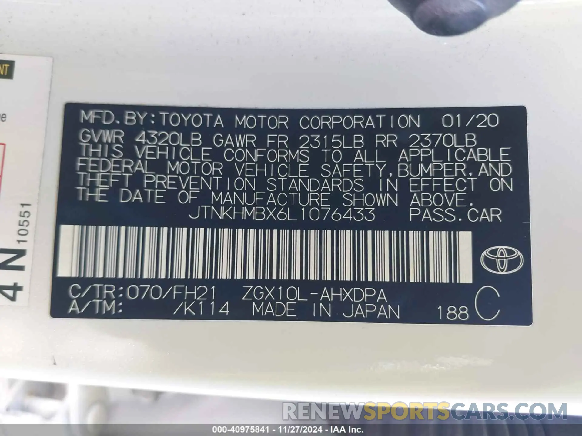9 fotografías del automóvil dañado JTNKHMBX6L1076433 TOYOTA C-HR 2020