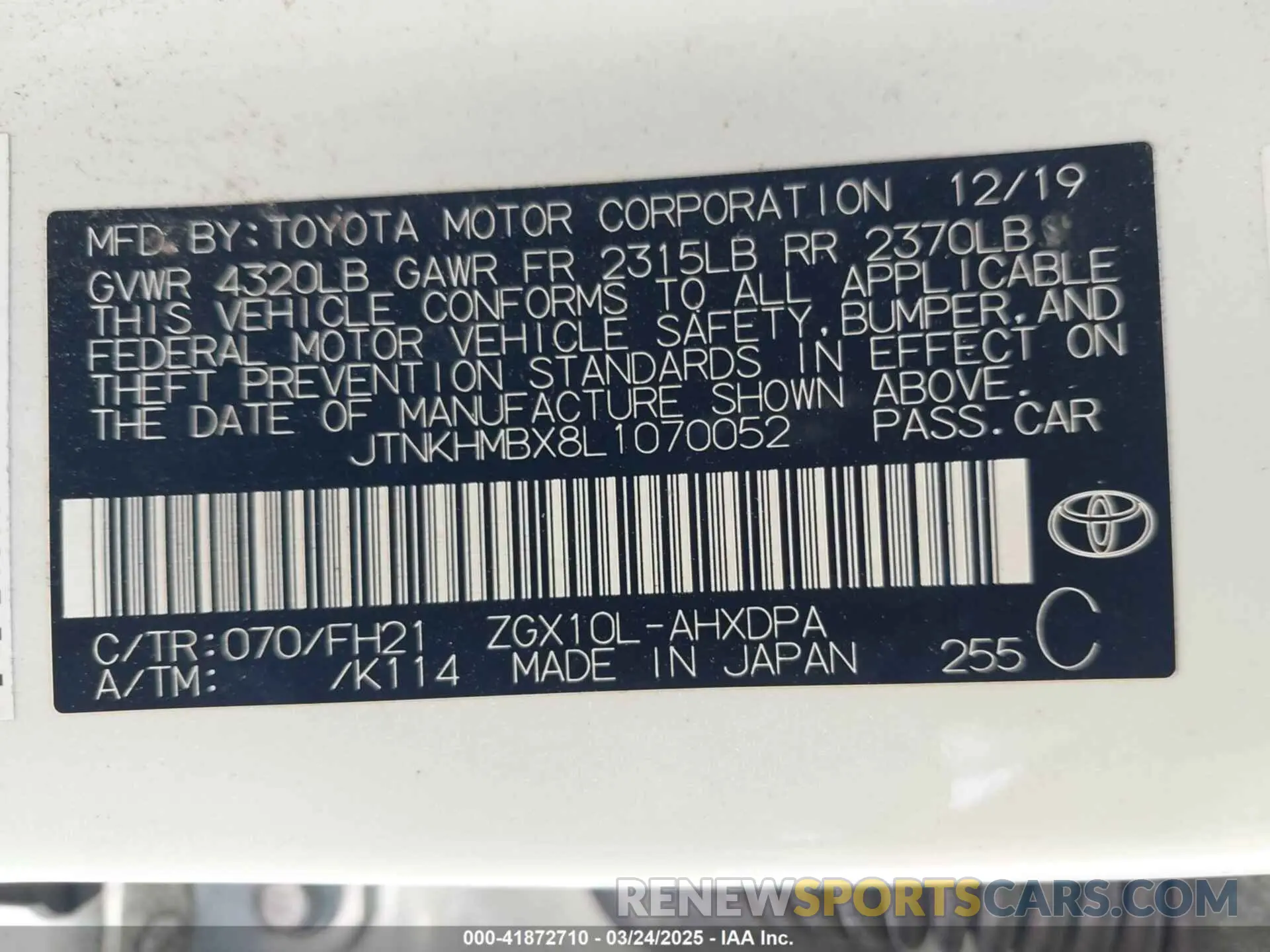 9 fotografías del automóvil dañado JTNKHMBX8L1070052 TOYOTA C-HR 2020