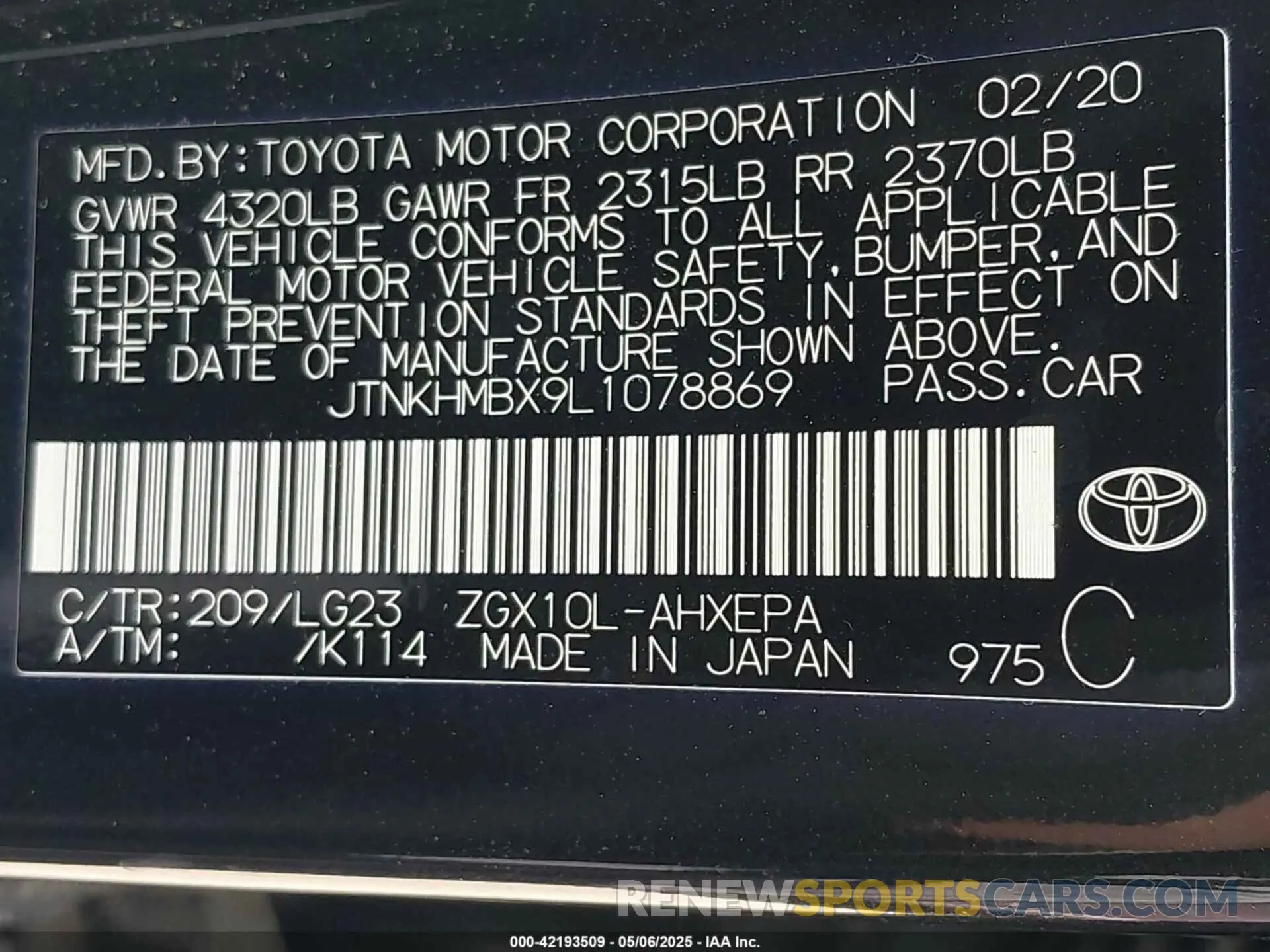 9 fotografías del automóvil dañado JTNKHMBX9L1078869 TOYOTA C-HR 2020