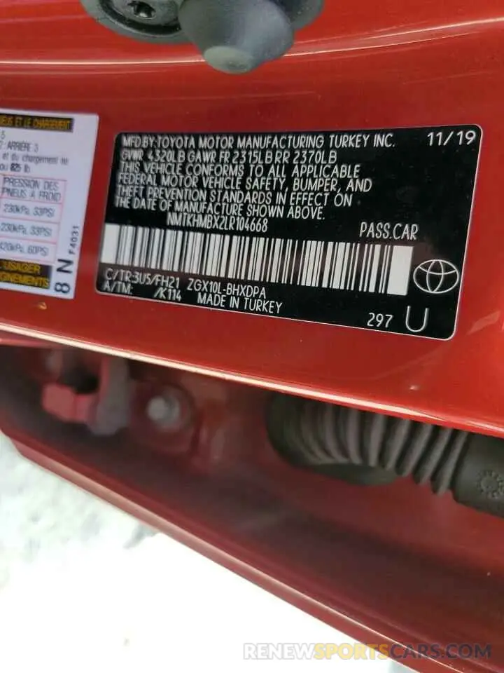 12 fotografías del automóvil dañado NMTKHMBX2LR104668 TOYOTA C-HR 2020