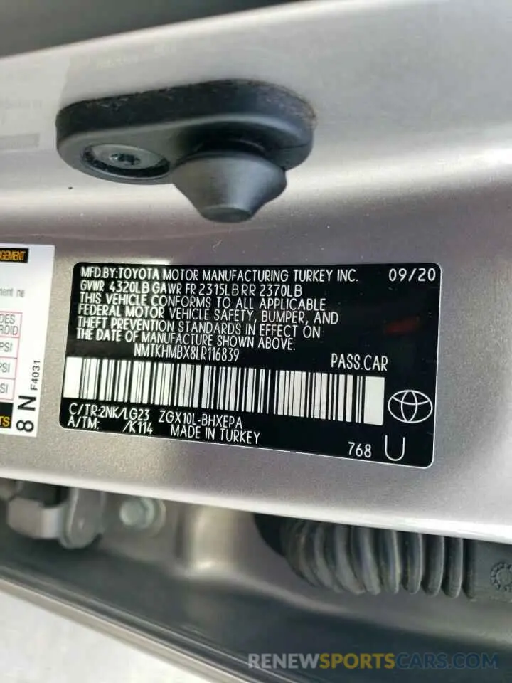 12 fotografías del automóvil dañado NMTKHMBX8LR116839 TOYOTA C-HR 2020