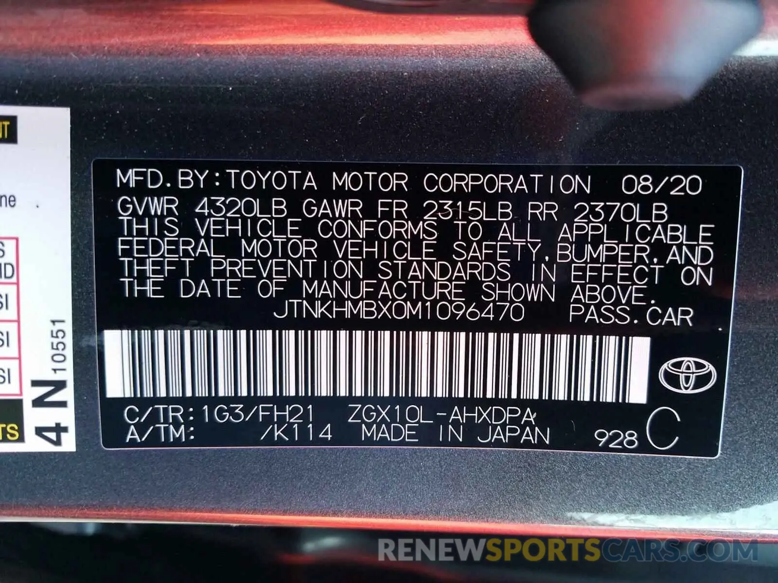 10 fotografías del automóvil dañado JTNKHMBX0M1096470 TOYOTA C-HR 2021
