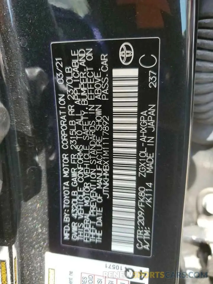 10 fotografías del automóvil dañado JTNKHMBX1M1117892 TOYOTA C-HR 2021