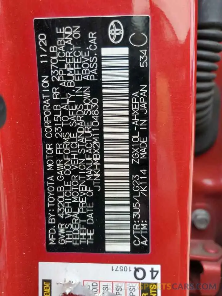 14 fotografías del automóvil dañado JTNKHMBX2M1104830 TOYOTA C-HR 2021