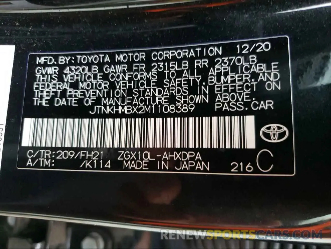 10 fotografías del automóvil dañado JTNKHMBX2M1108389 TOYOTA C-HR 2021