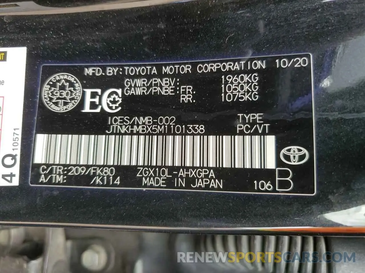 12 fotografías del automóvil dañado JTNKHMBX5M1101338 TOYOTA C-HR 2021