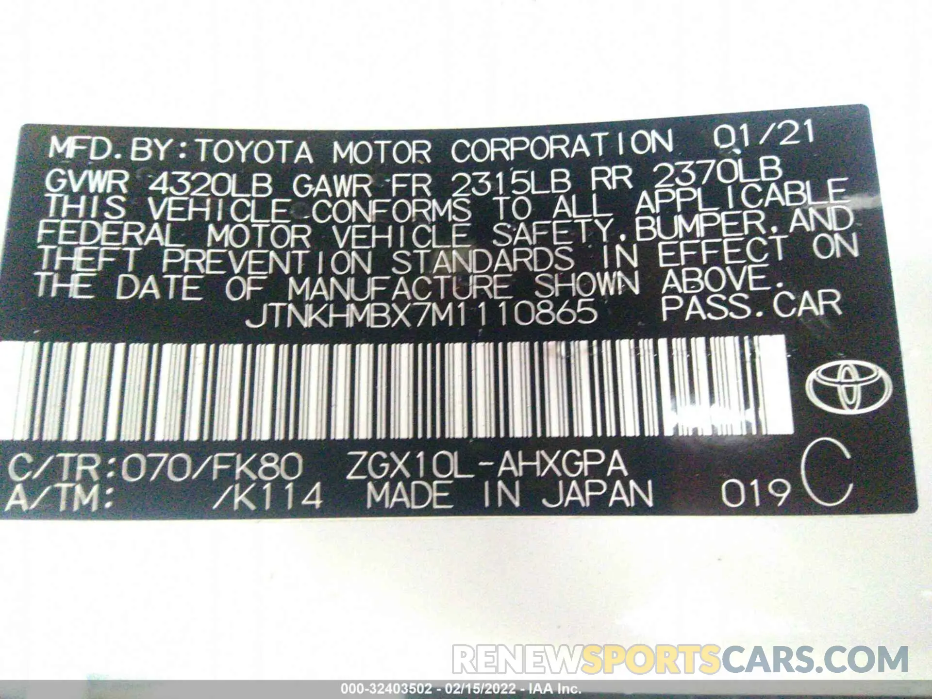 9 fotografías del automóvil dañado JTNKHMBX7M1110865 TOYOTA C-HR 2021