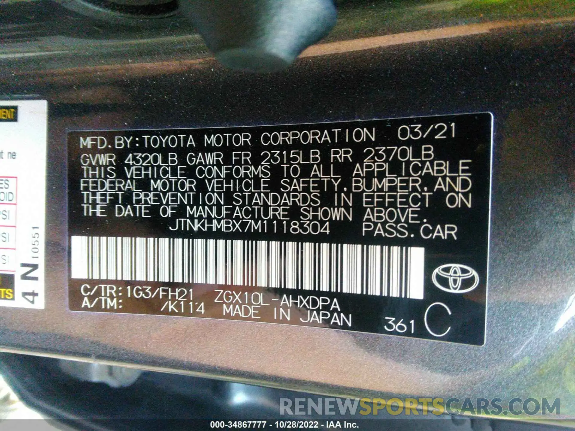 9 fotografías del automóvil dañado JTNKHMBX7M1118304 TOYOTA C-HR 2021