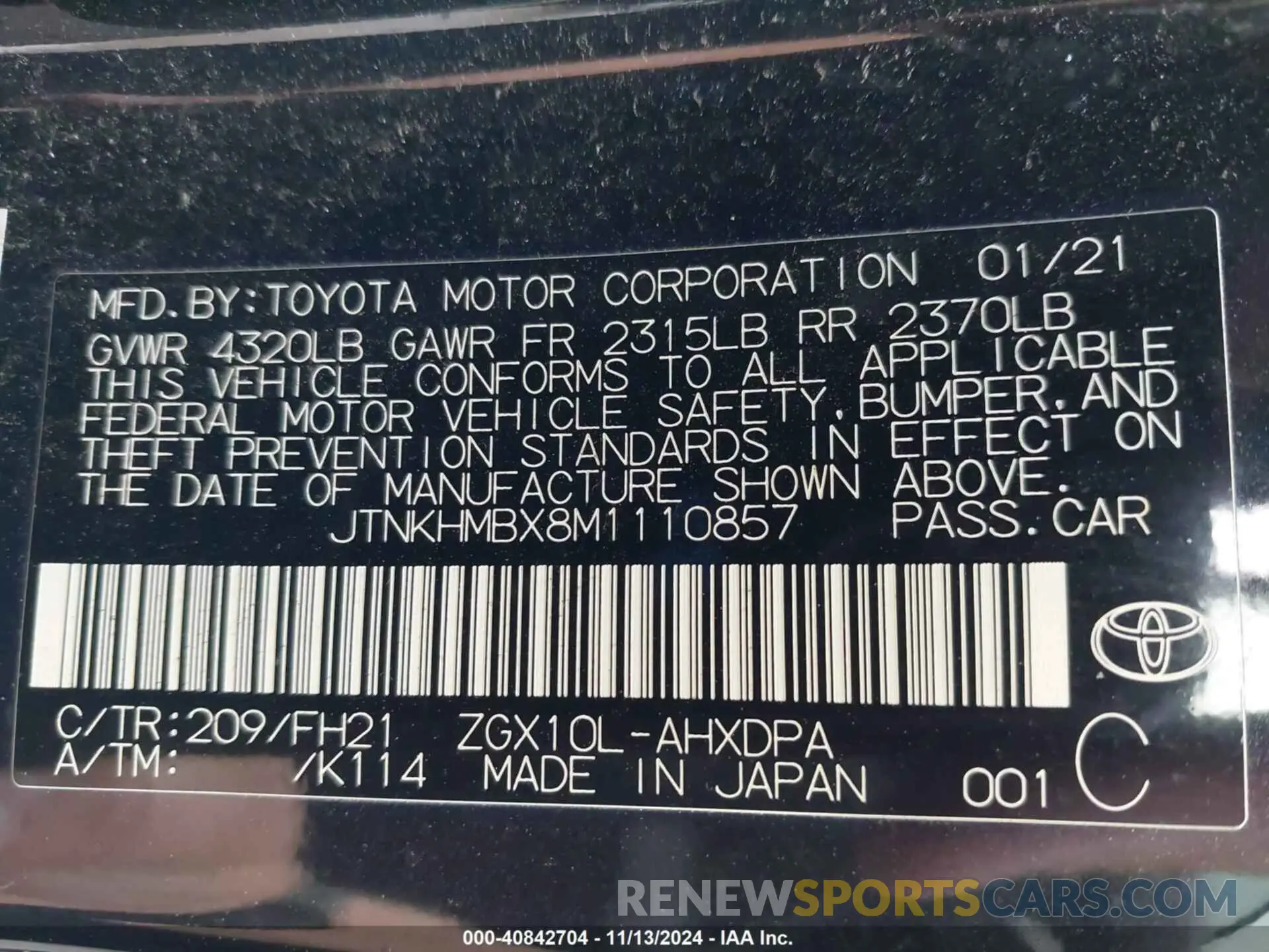 9 fotografías del automóvil dañado JTNKHMBX8M1110857 TOYOTA C-HR 2021